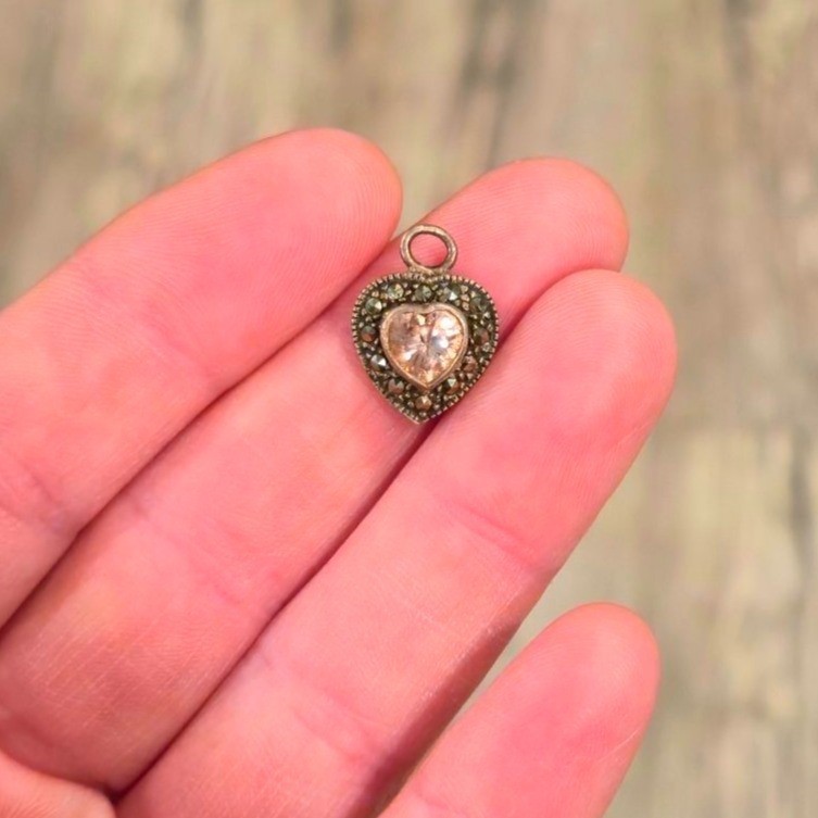 Vintage marcasite Heart Sterling Silver Pendant pink glass Gemstone 925 Jewelry
