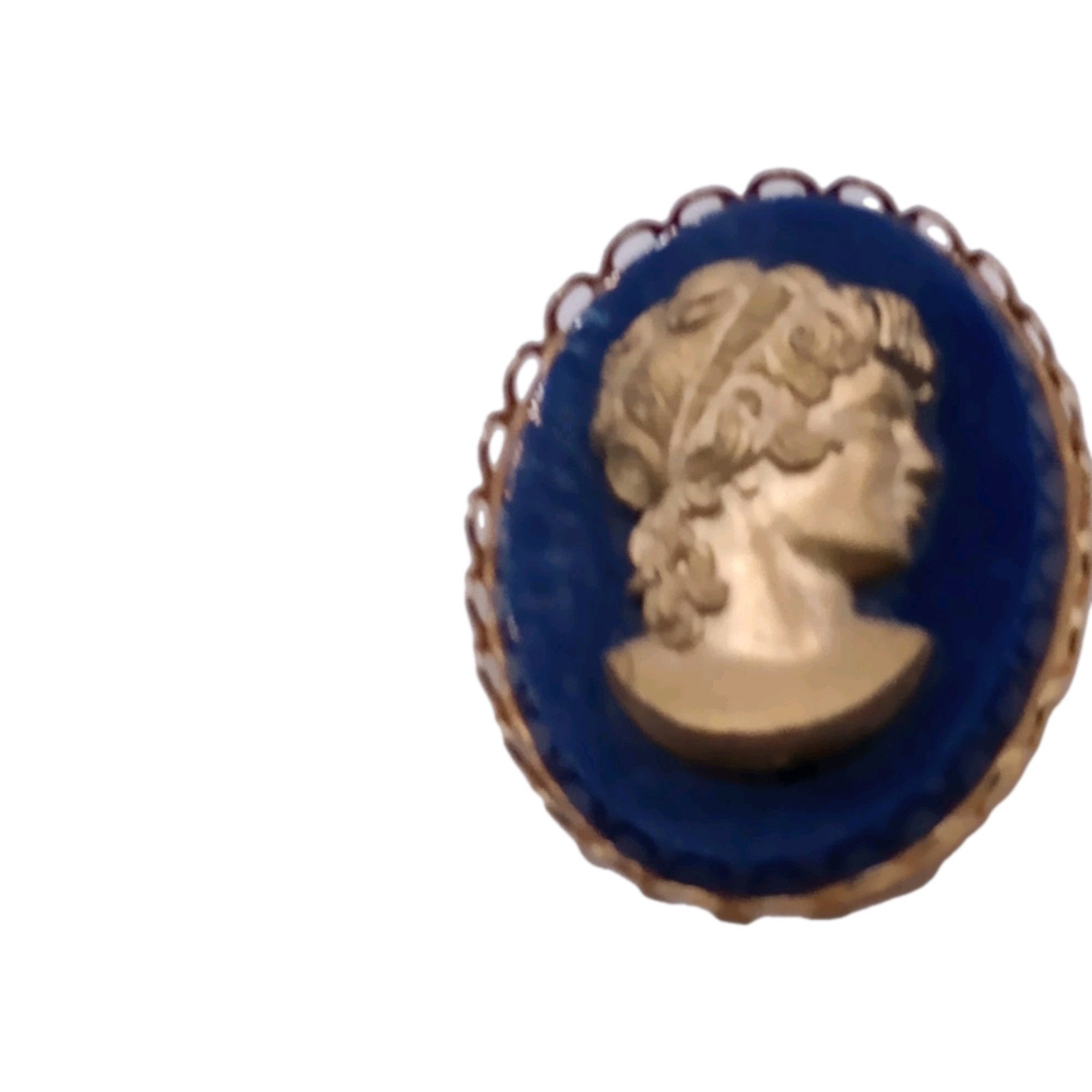 Vintage Blue Gold Cameo Brooch Greek roman goddess Female Profile Pin 1 3/4 in