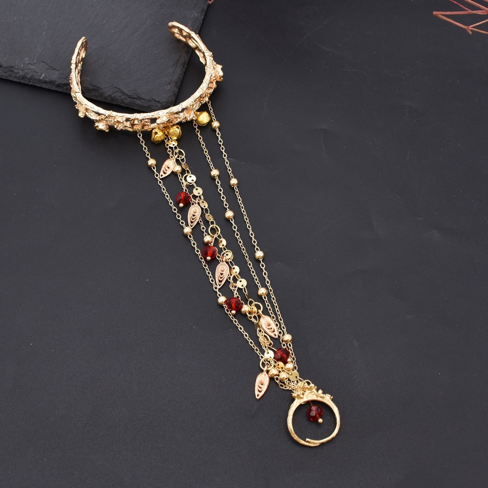 Gold Tone Vintage Cuff Bracelet with Ring Red Beads Chain Bell Gift for Women