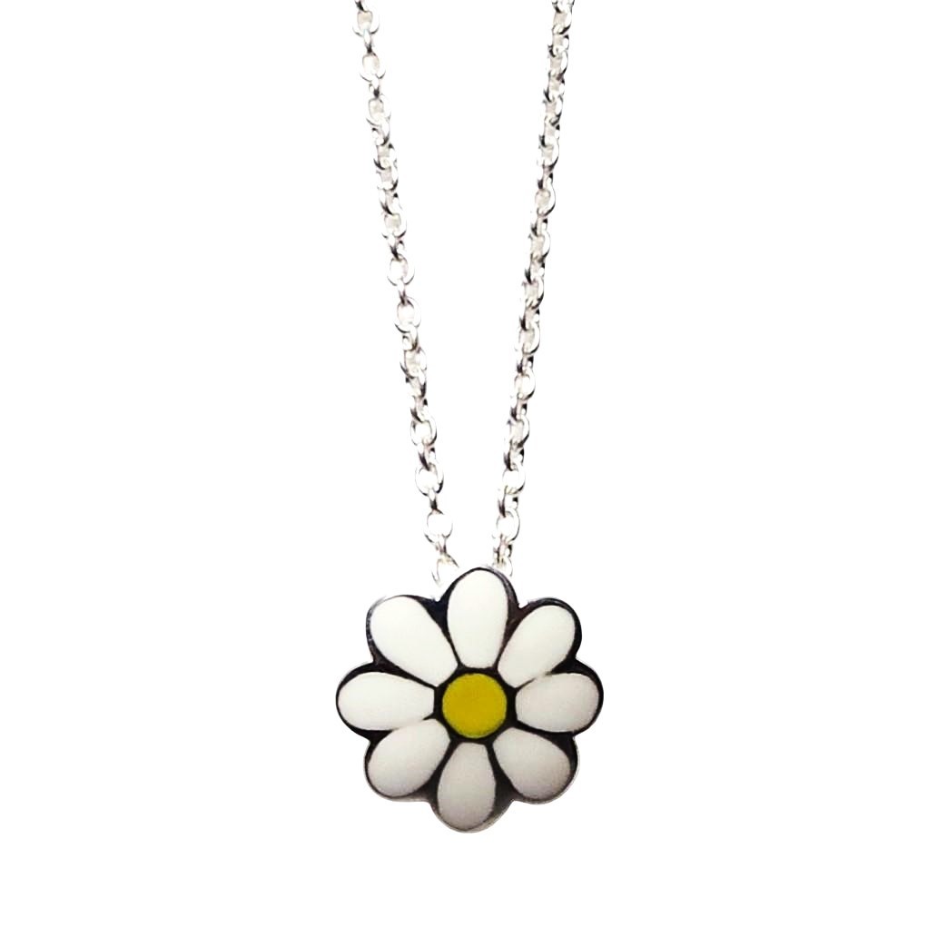 Vintage Kit Heath Sterling Silver Enamel Daisy Flower Pendant Kid’s 14″ Necklace