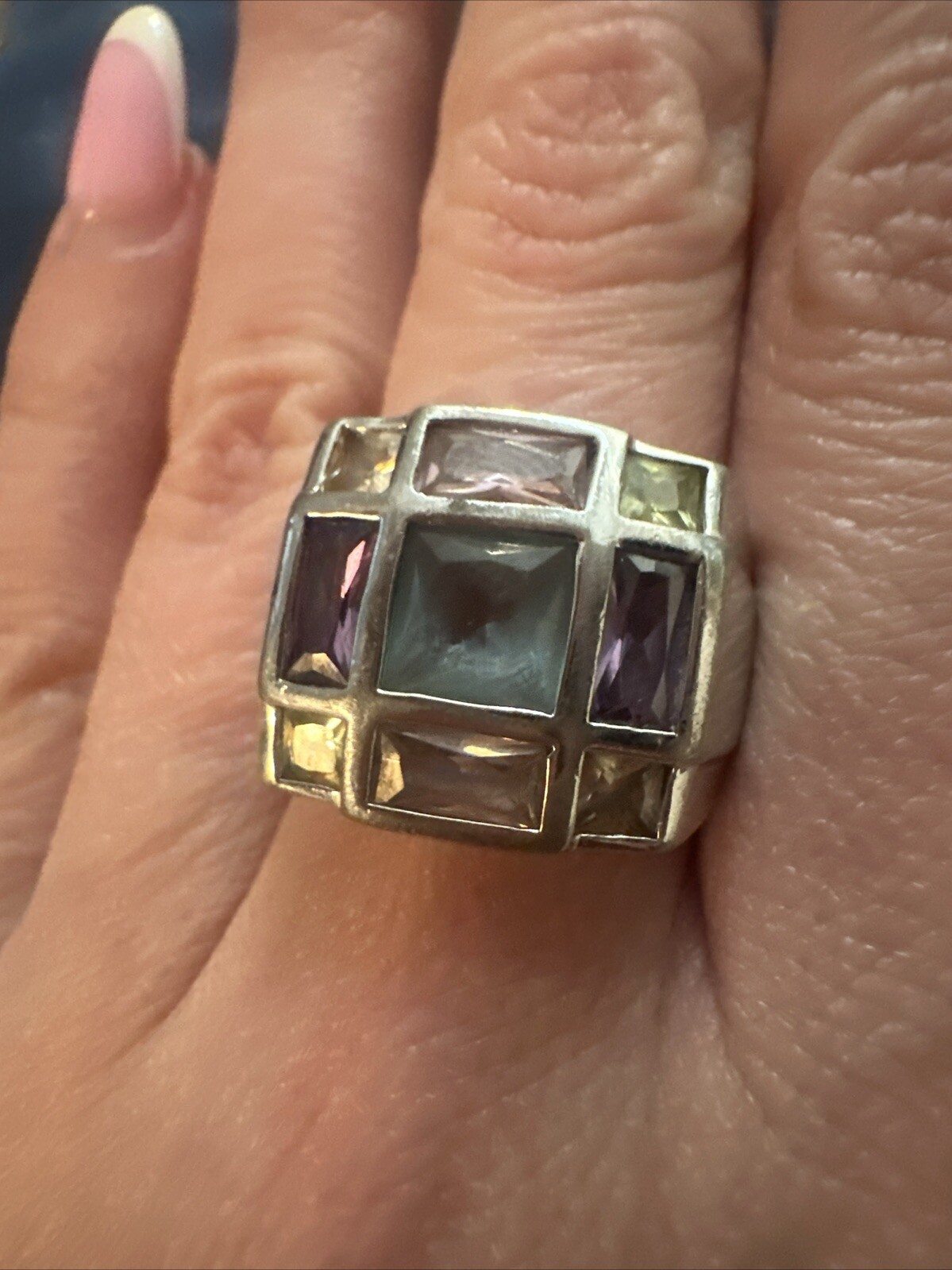 DESIGNER FAS STERLING SILVER PASTEL MULTI COLOR TOPAZ SQUARE CUT RING