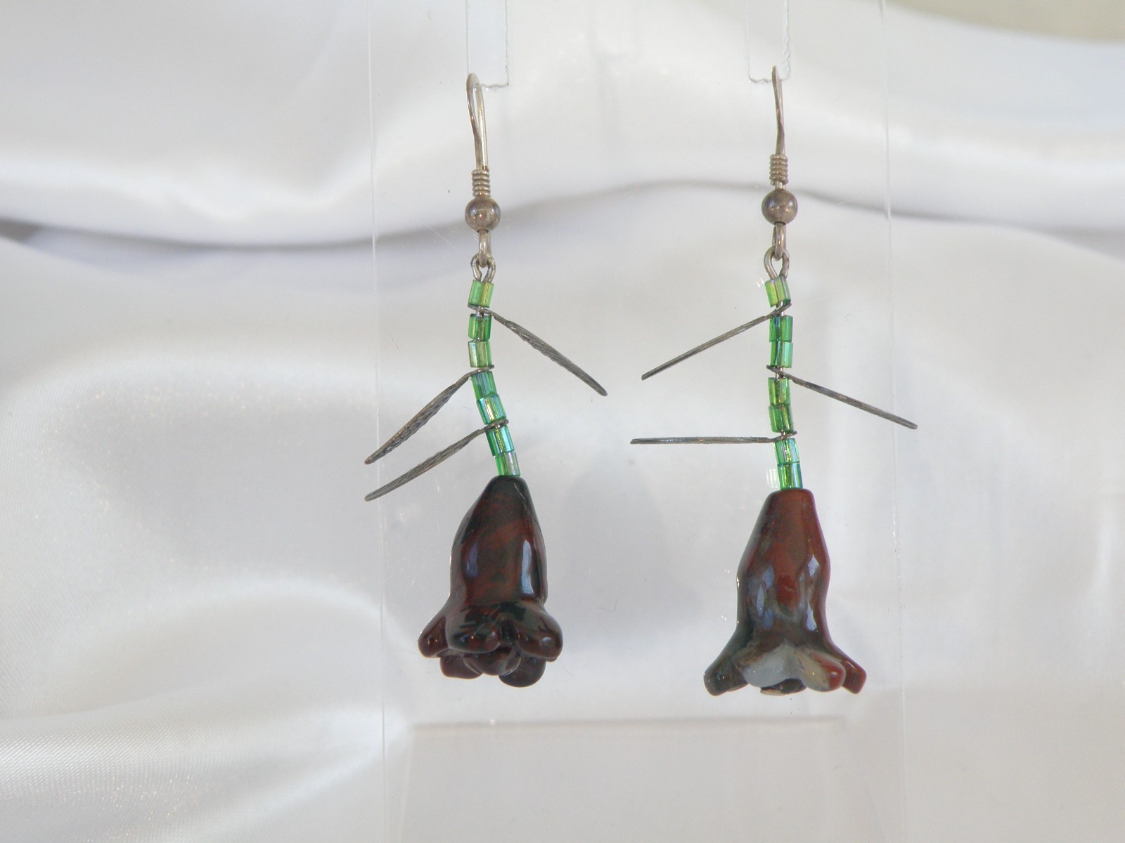 Vintage Sterling Silver 925 Artisan Tulip Flower Carved Stone Dangle Earrings