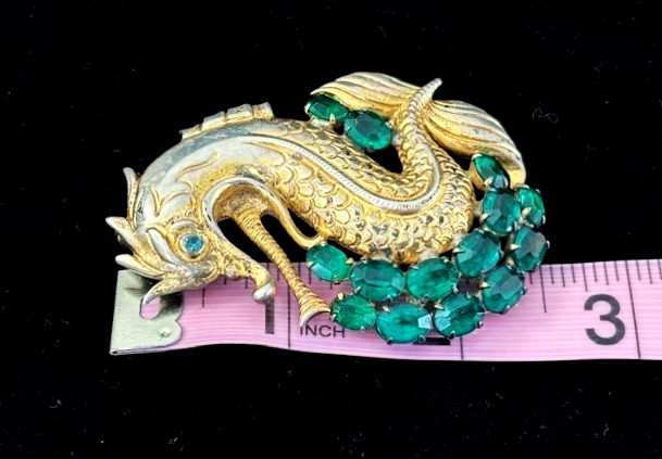 RARE VTG FRED BLOCK Gold Wash Sterling Green Stone SEA MONSTER Pin Brooch 31.8G