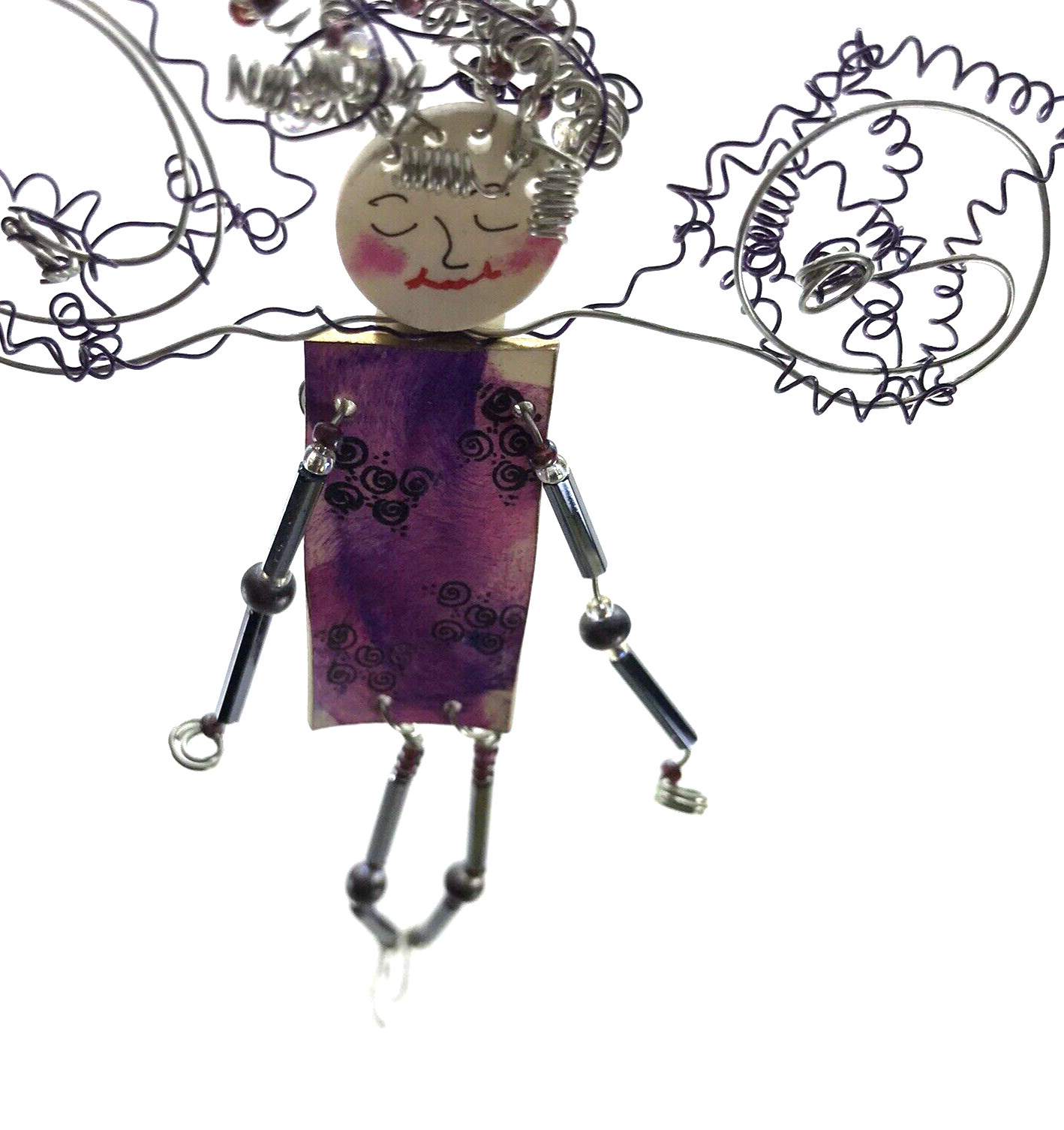 Fairy Angel Pin Brooch Handmade Whimsical Mixed Media Wire Dangler legs arms