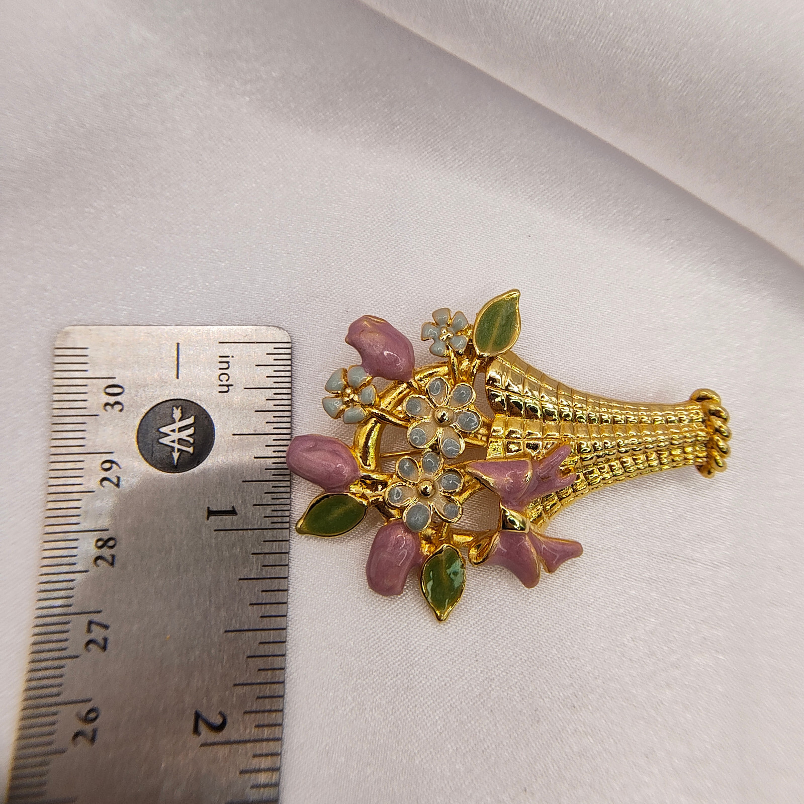 Vintage Flower Basket Brooch Pin Colorful Enamel Gold Tone Cottagecore