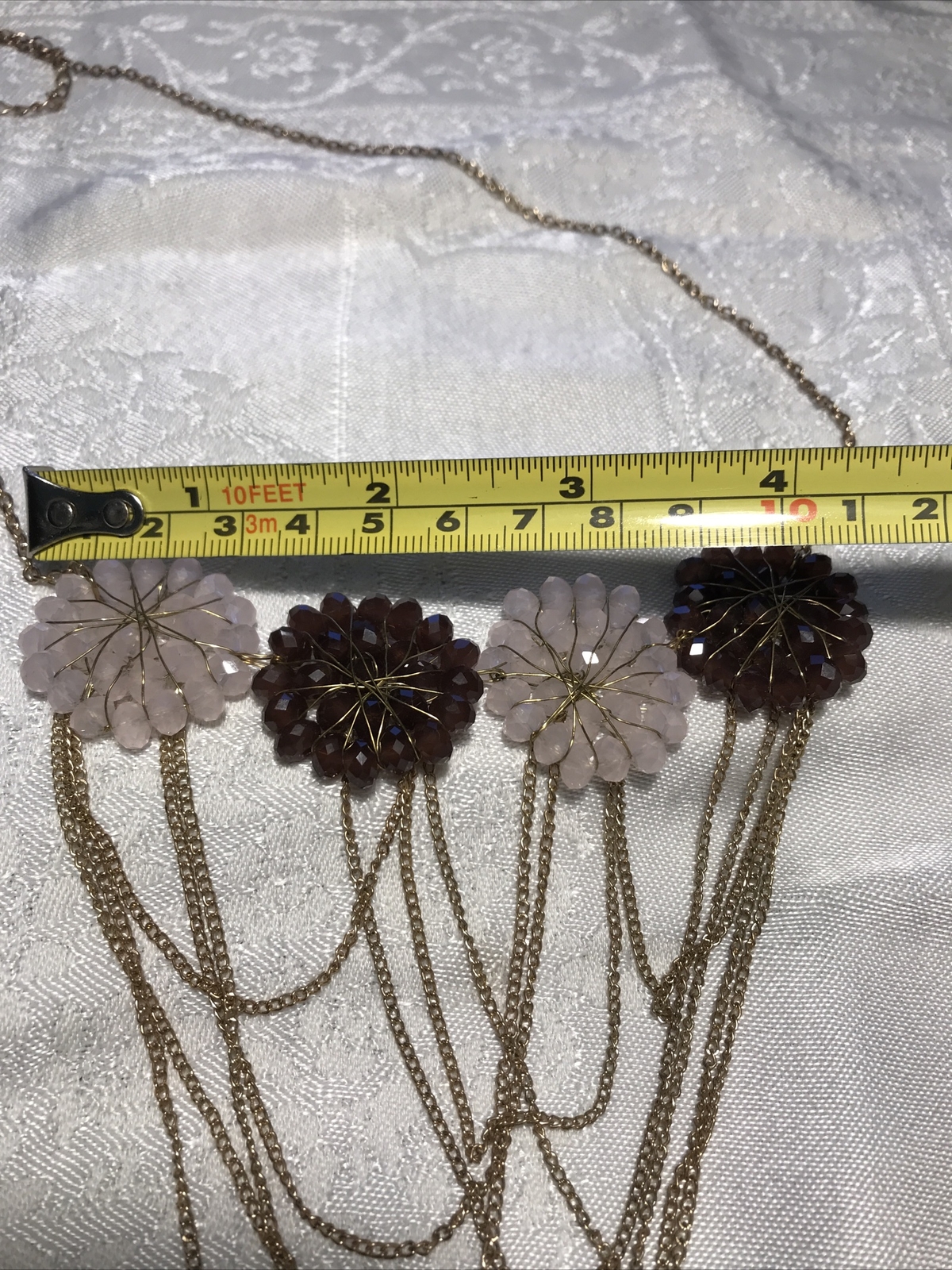 Necklace Light Pink/Purple/Burgundy Glass Bead Charm Gold Tone Chain Link 24-27”