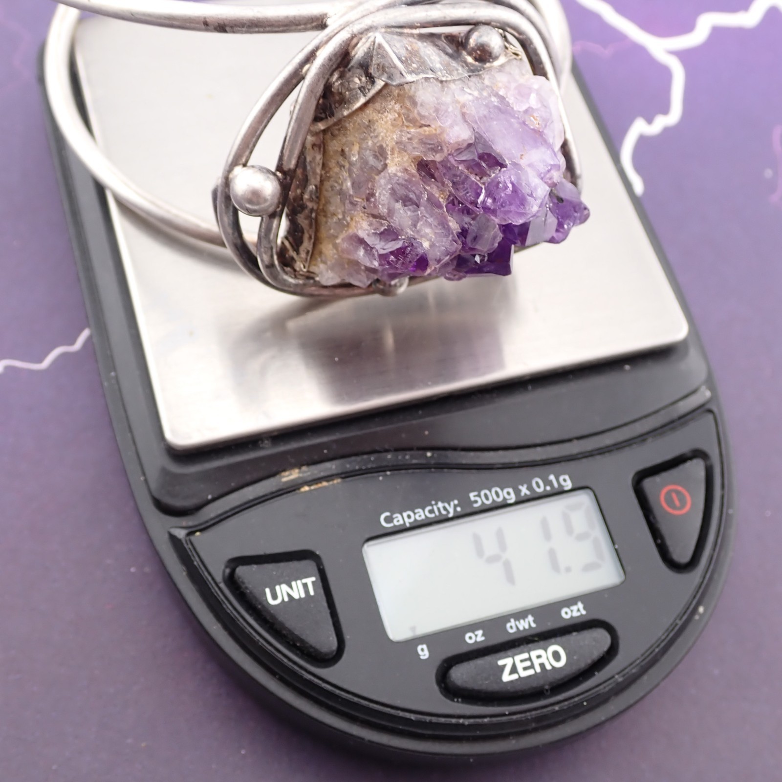 Vtg Sterling Silver Natural Amethyst Geode Crystal 7″ Cuff 41.9 gr Bracelet