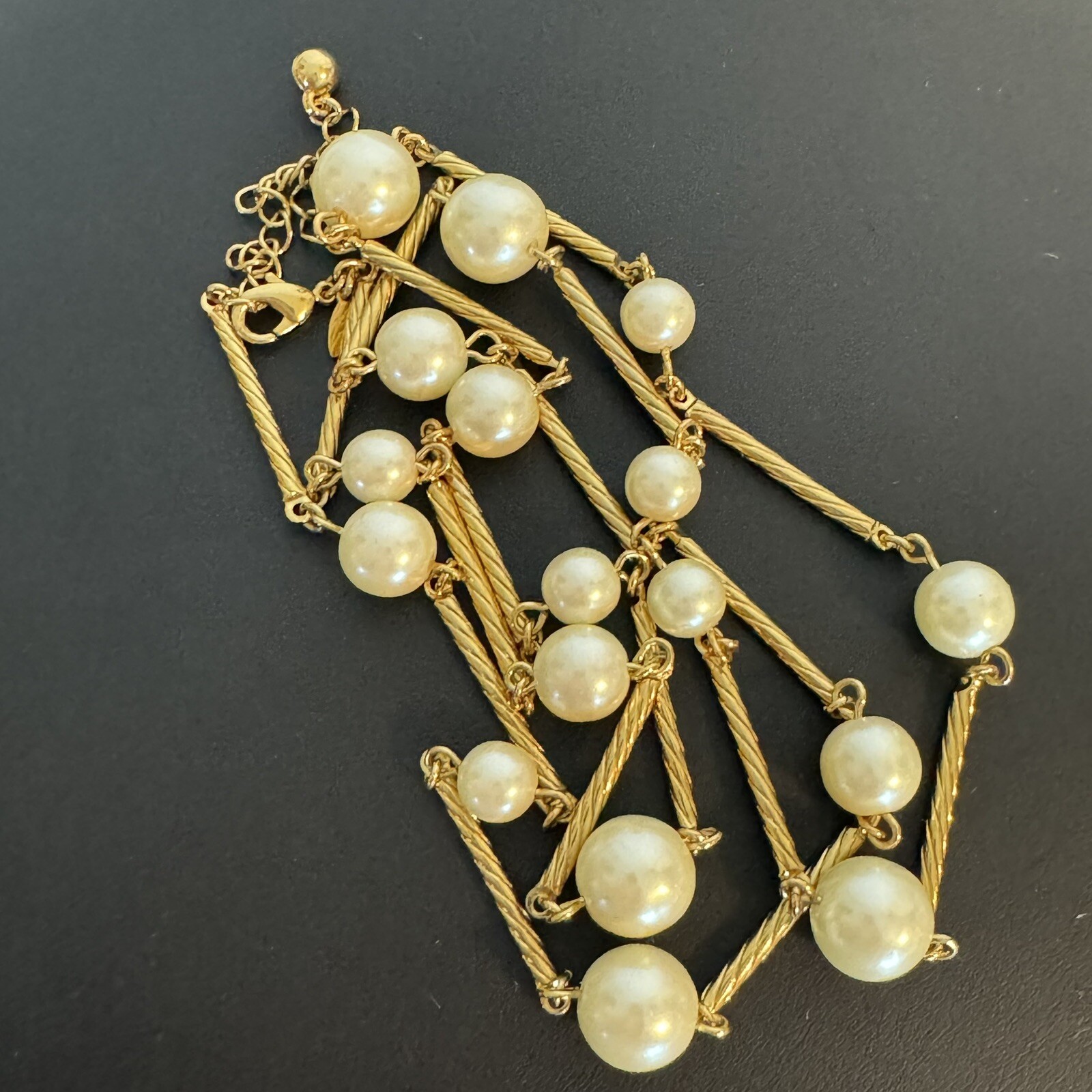 Vintage Avon Station Necklace Faux Pearls Twisted Bar Link Gold Tone Long