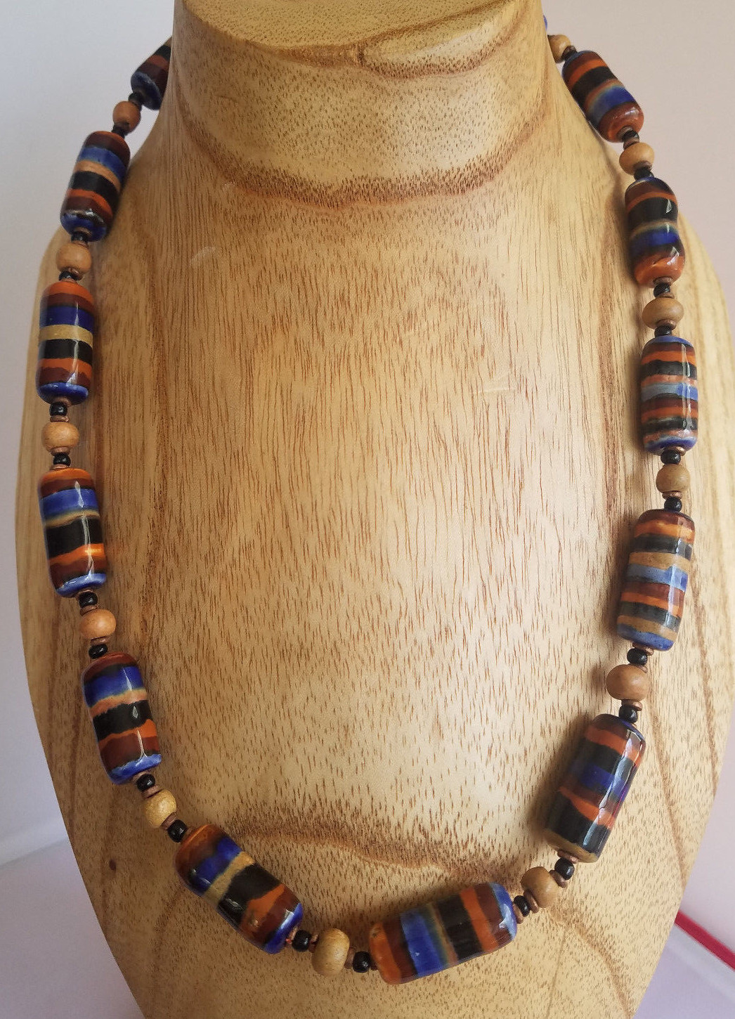 Vintage Ceramic Bead Necklace Orange Blue Brown Stripe Wood Beads Earth Tones