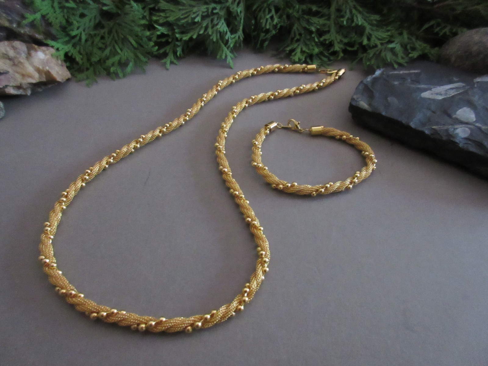 Vintage Gold Tone Twisted Mesh Rope Beaded Necklace & Bracelet Set