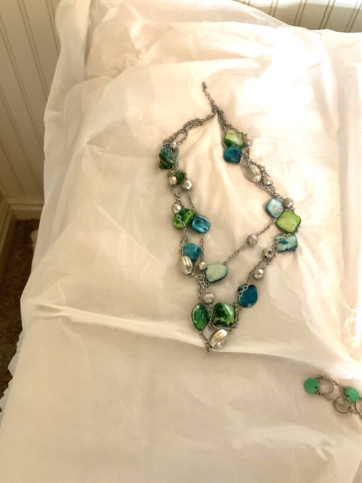 Abalone Shell Necklace Bracelet Earrings Set Pierced Vintage Blue Green 5 Pieces