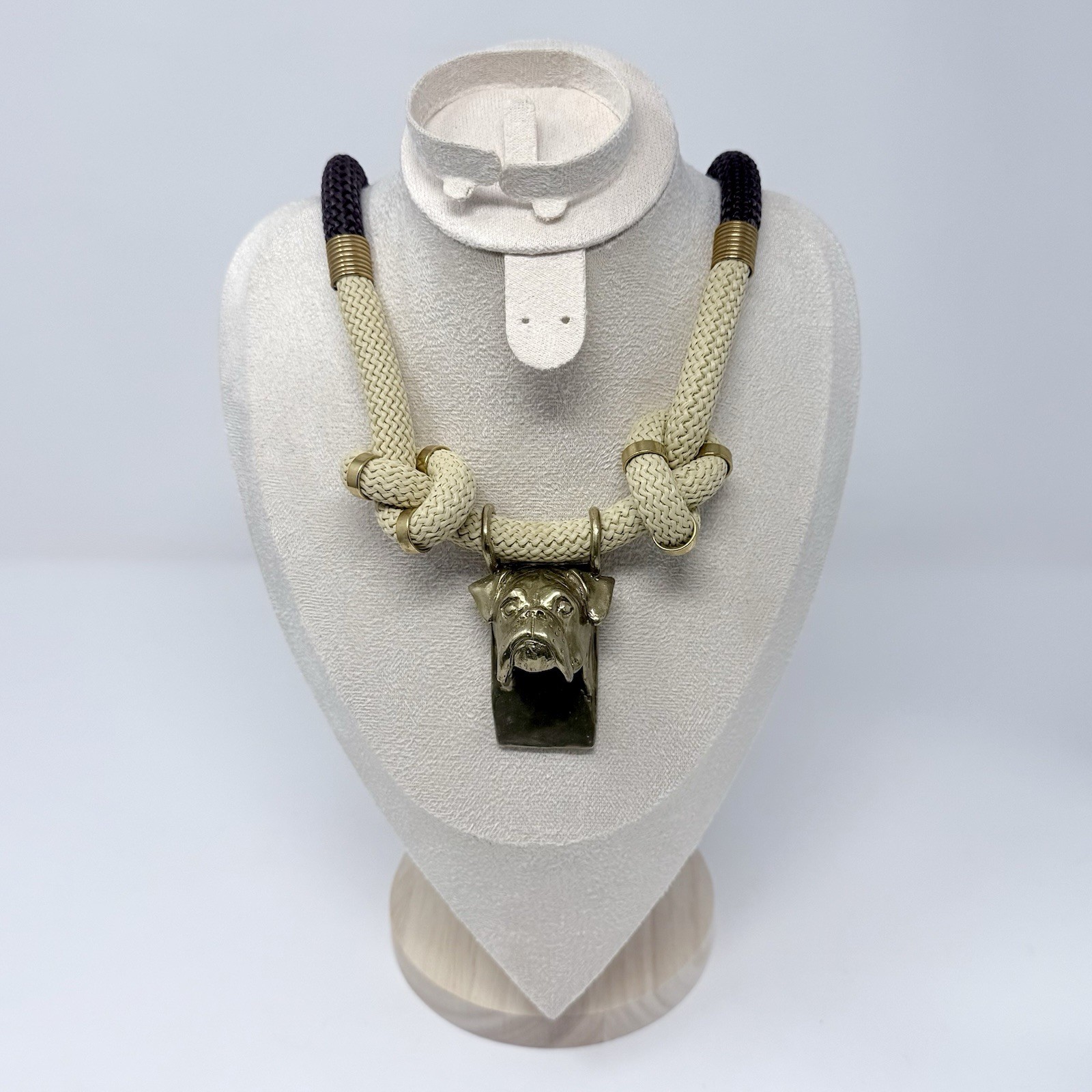 Vintage Boxer Dog Solid Brass Pendant Rope Statement Necklace Magnetic Clasp 26”
