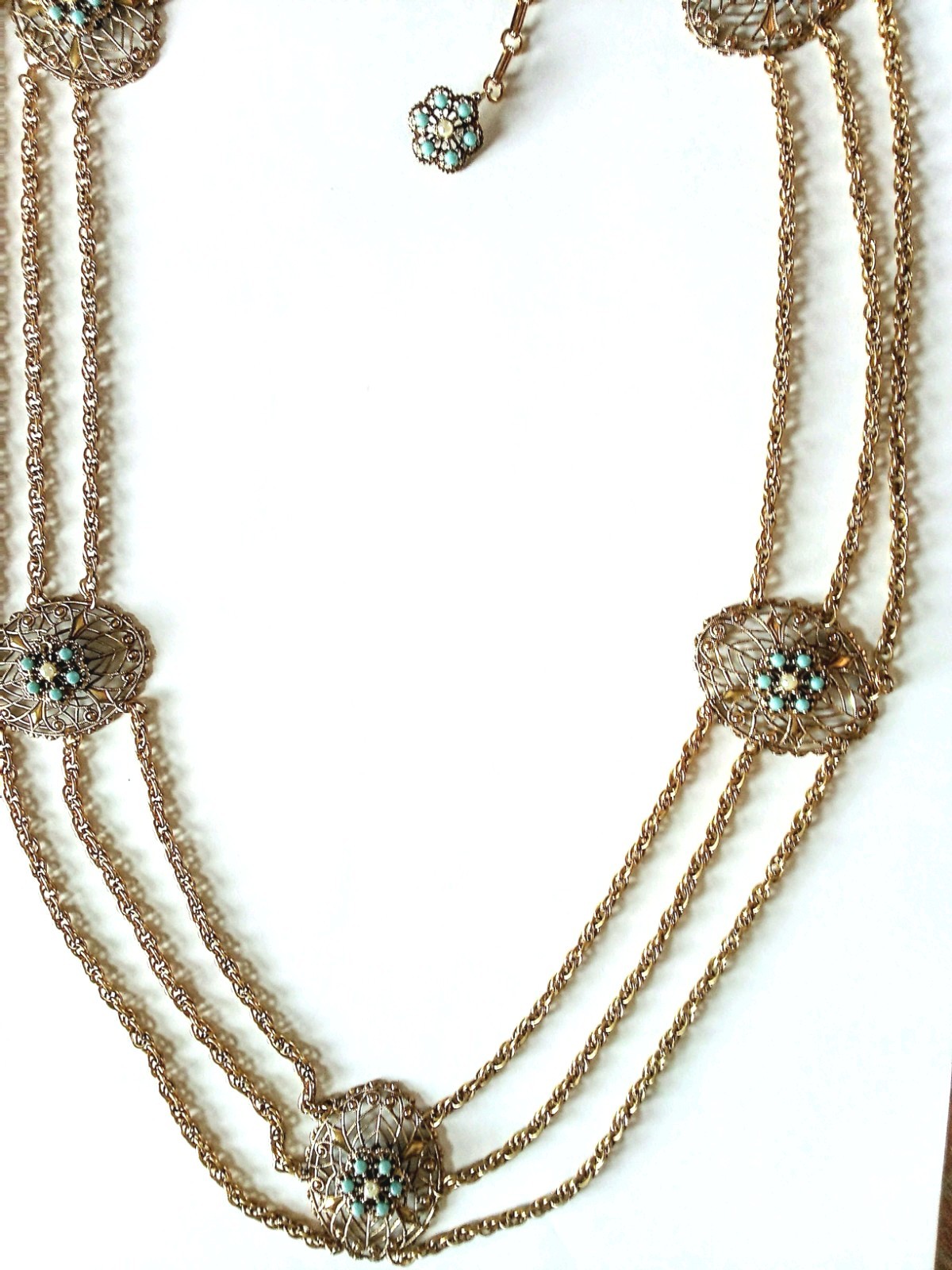 Vintage Gold Tone Chain With Faux Turquoise And Pearl Necklace Or Belt