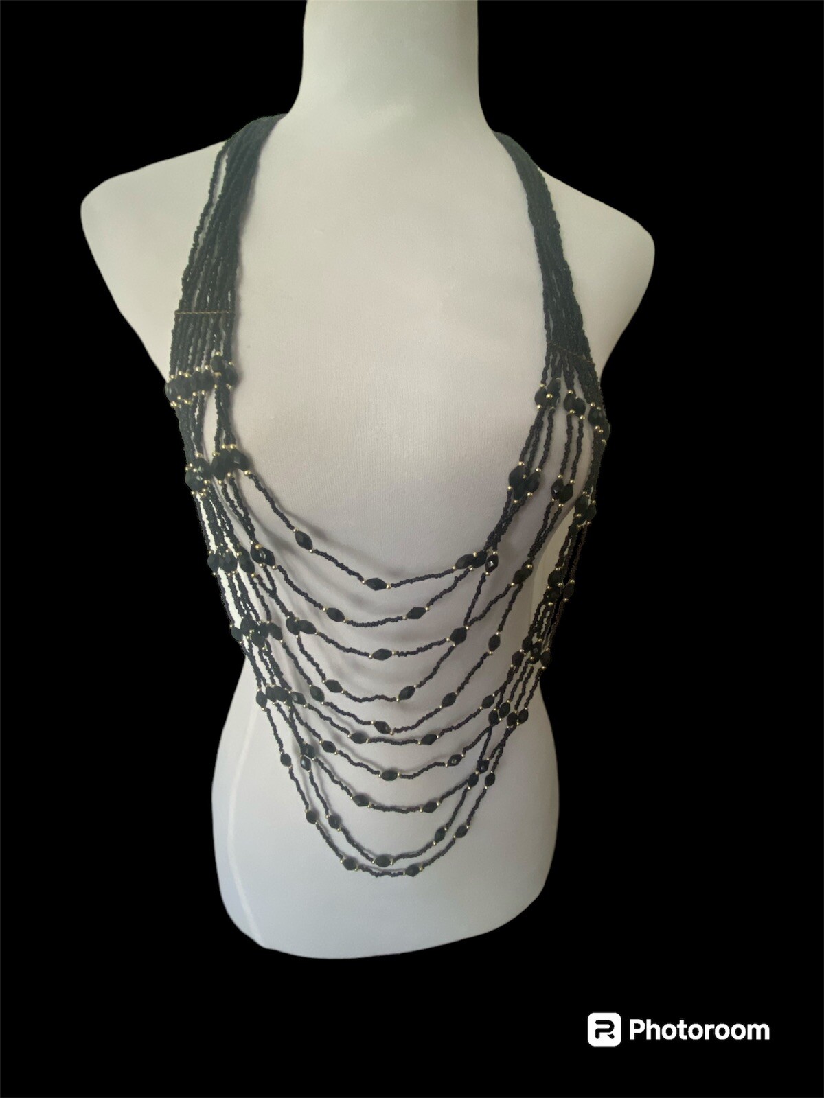 Vintage Jet Beaded Layered Long Statement Necklace, 10 Strand, Gold Accents