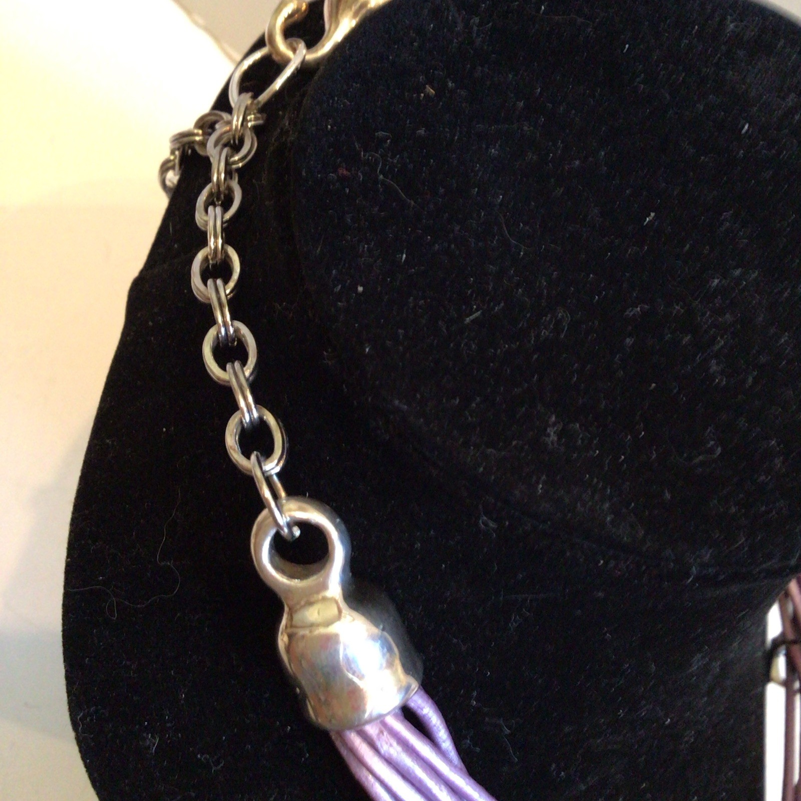BEAUTIFUL SIGNED VON MUSULIN NECKLACE SEBBAG STERLING LAVENDER LEATHER W EXTEND