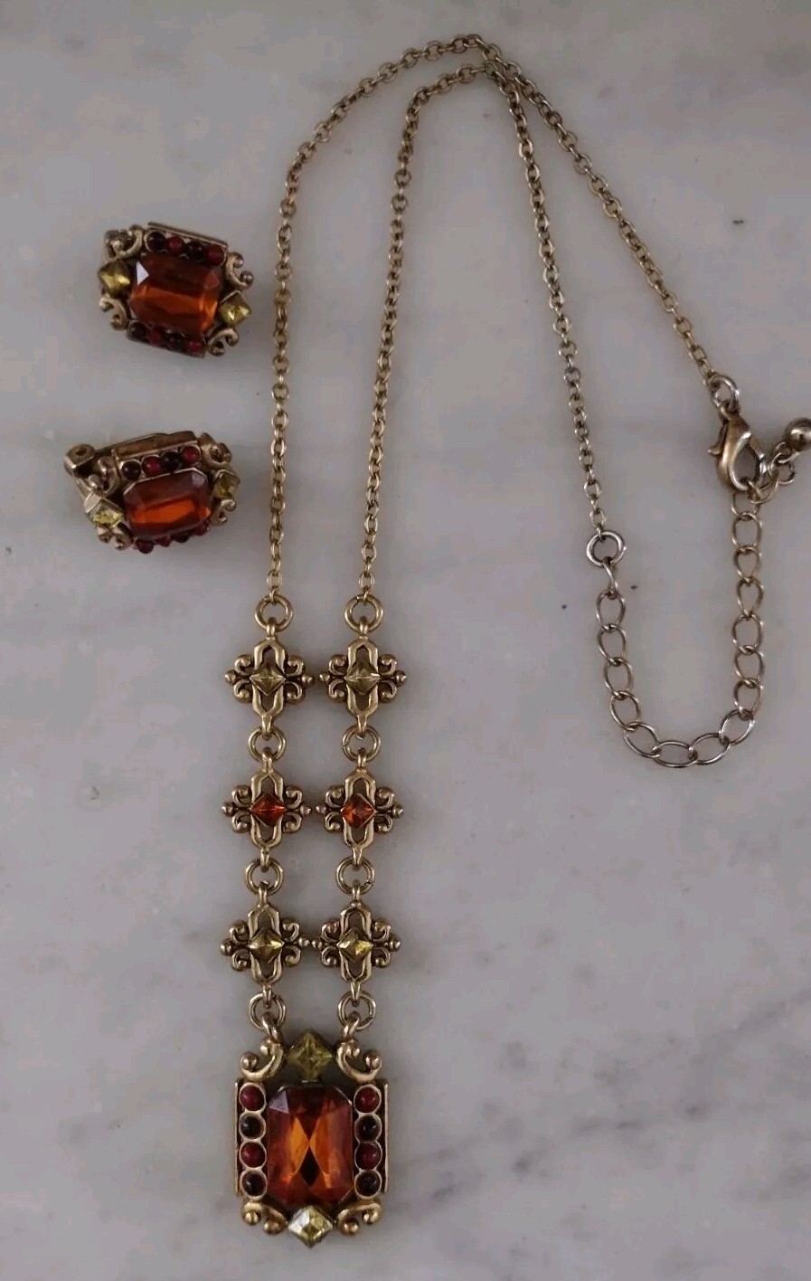 Vintage Necklace And Clip Earrings Set Honey Amber Colored Stones Rhinestones