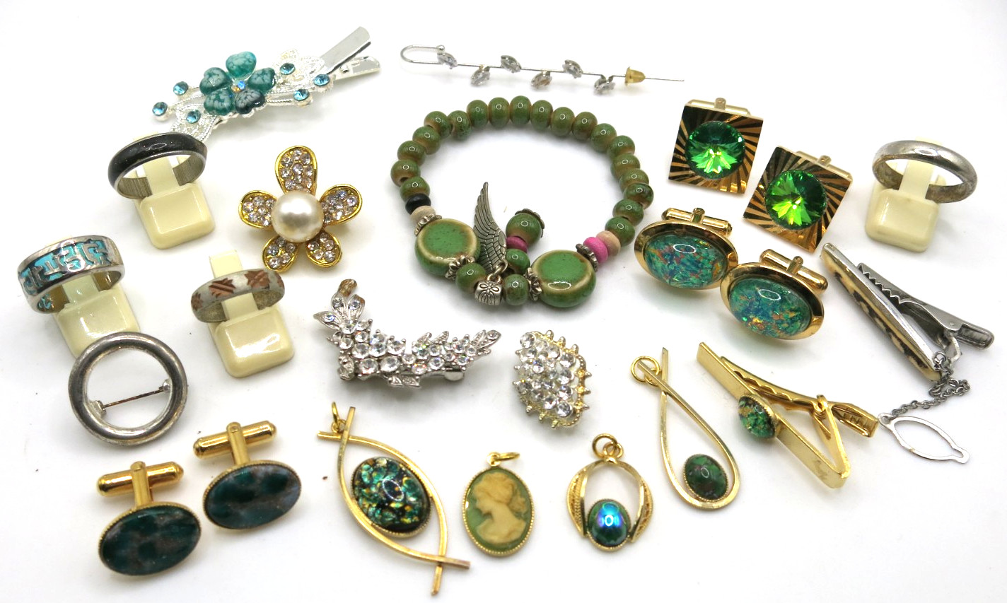 VTG Jewelry Set Lot 20pcs Pendants Brooch bracelet Cufflinks Ring Green stones