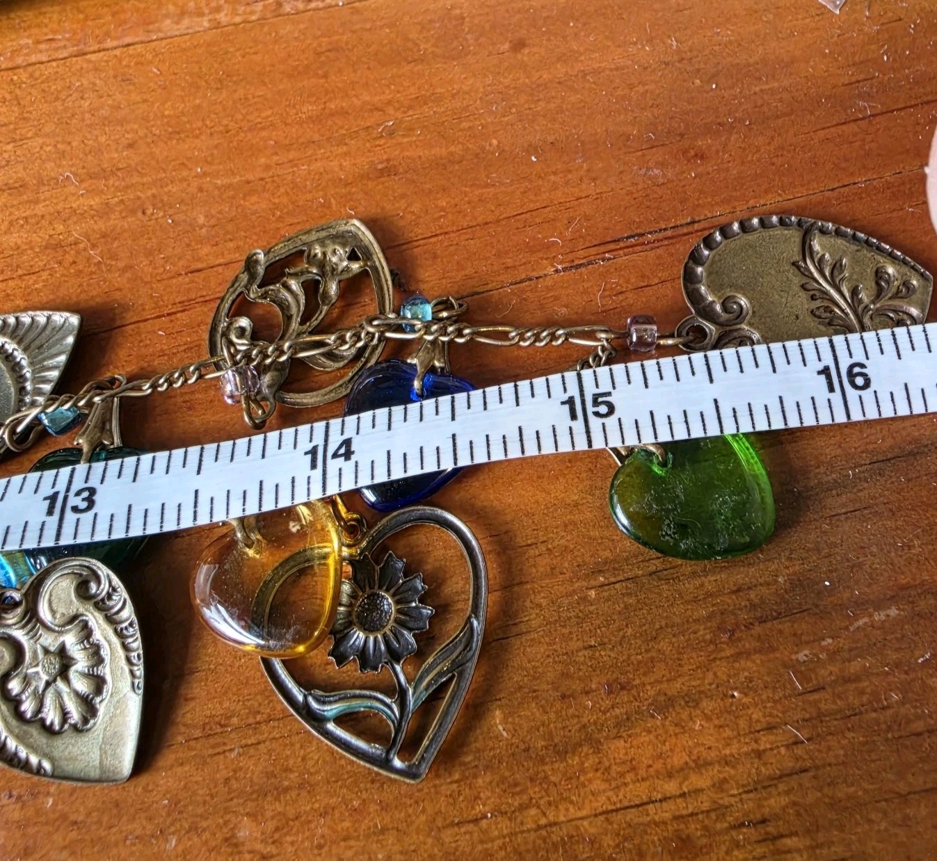 Vtg Glass Works Studio Brass Glass Hearts Multi Colors Necklace 30″
