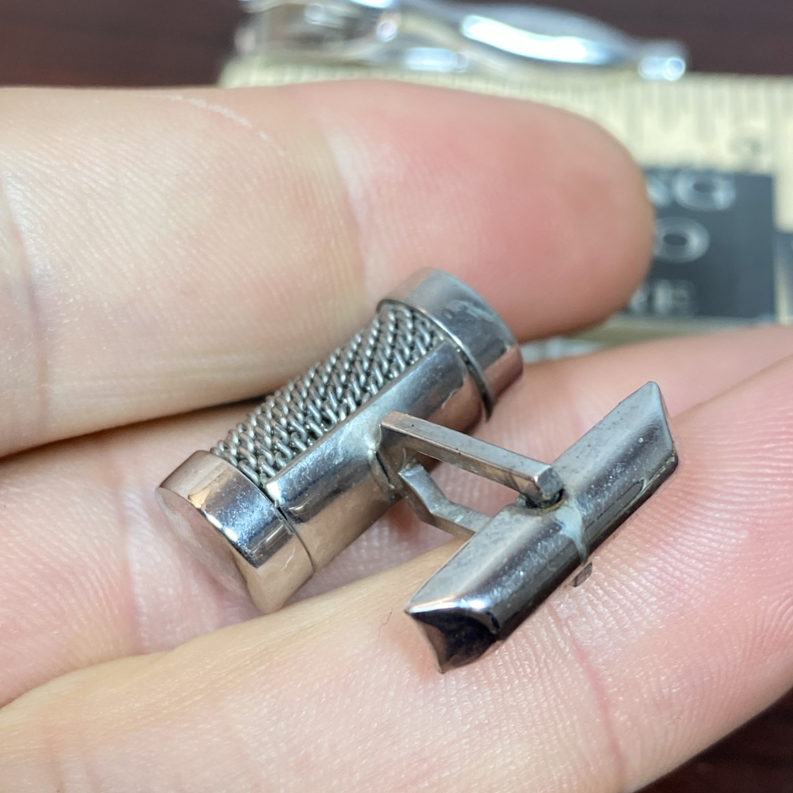 Vtg Round MESH Swank Cuff Links Tie Clip Bar Set (LOOKS LIKE A RETRO MICROPHONE)