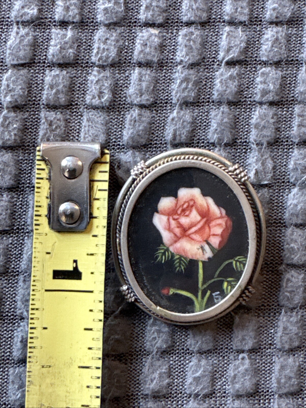 Hand painted Rose Brooch-Sterling-Signed LR