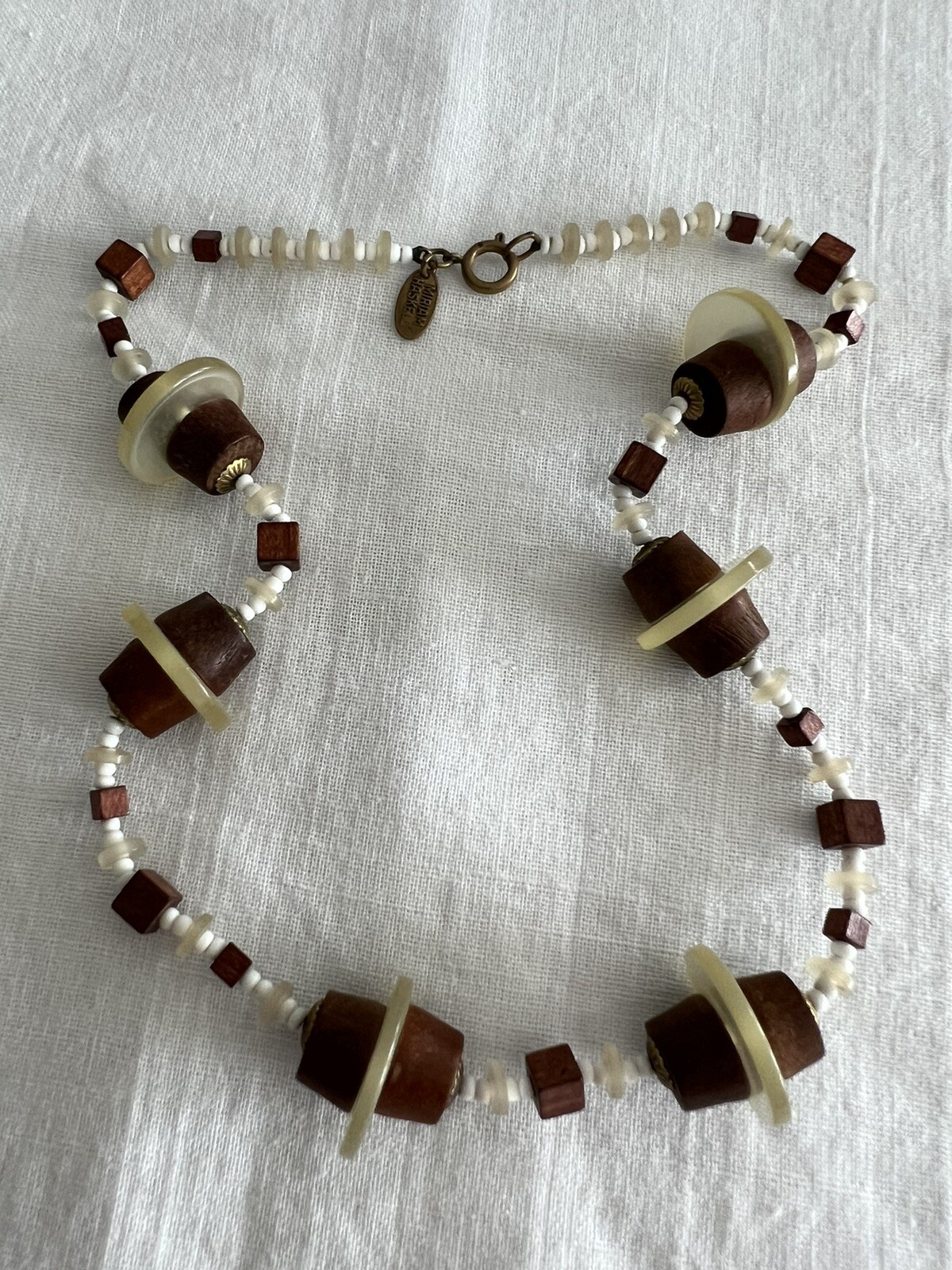 Vintage MIRIAM HASKELL Seed Bead, Wood and Lucite Disc Necklace Signed 19″ Long