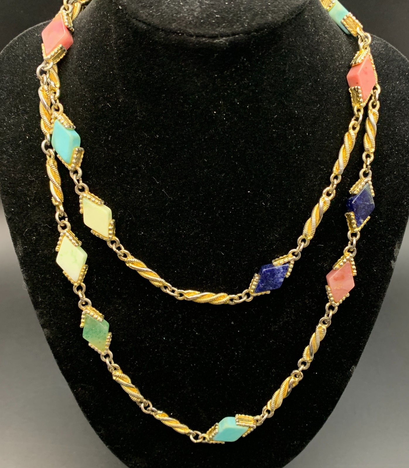 Multi Gemstones Necklace Gold Tone Station Lapis Rhodonite Twisted Bar Link Vtg