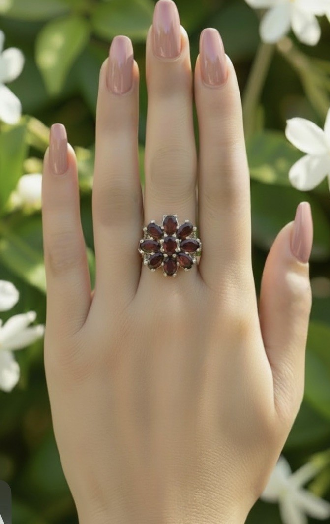 Vintage 925 Sterling Silver Red Garnet Flower Ring Size 7