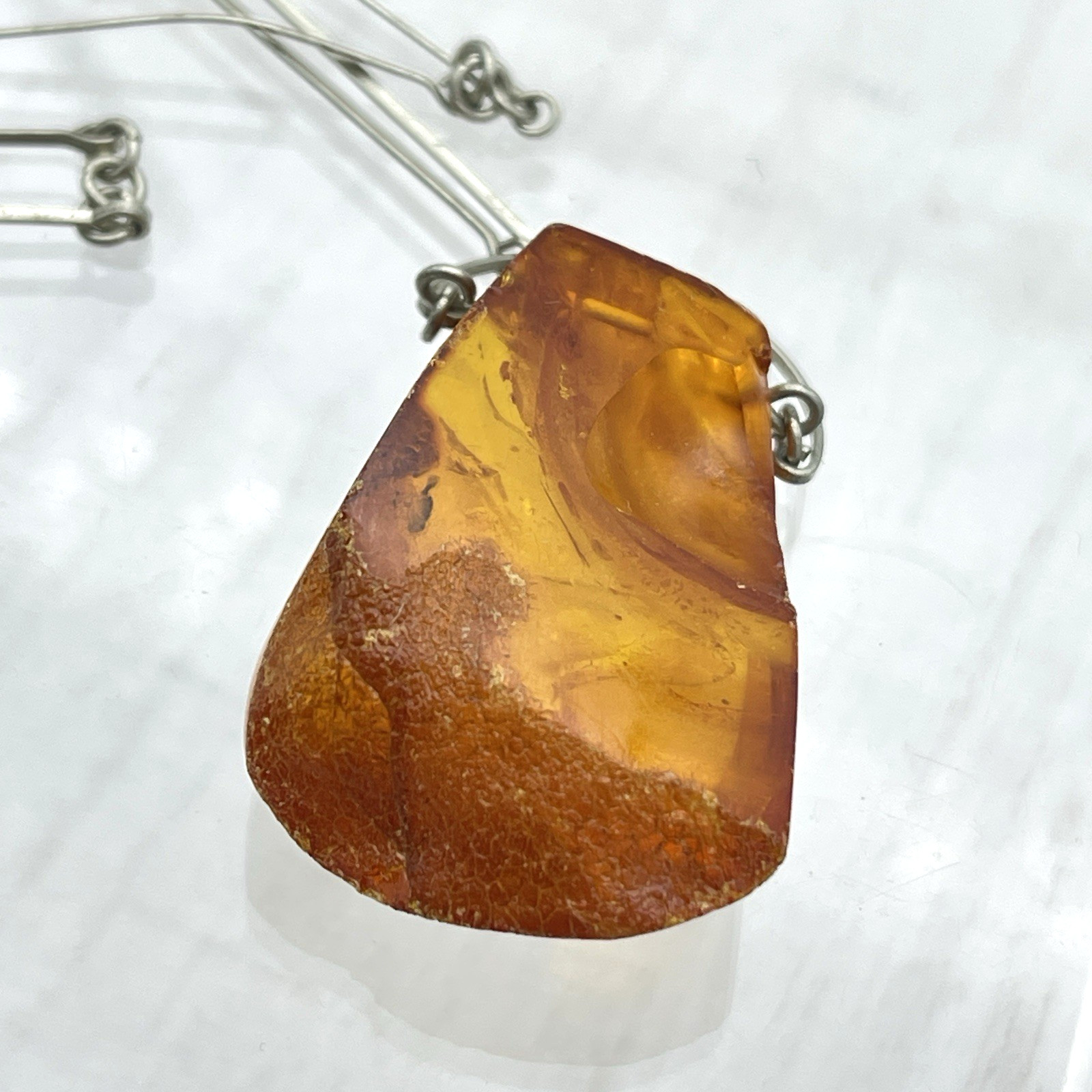 Genuine Baltic Amber Pendant Necklace Vintage Modernist Artisan Wire Chain Honey