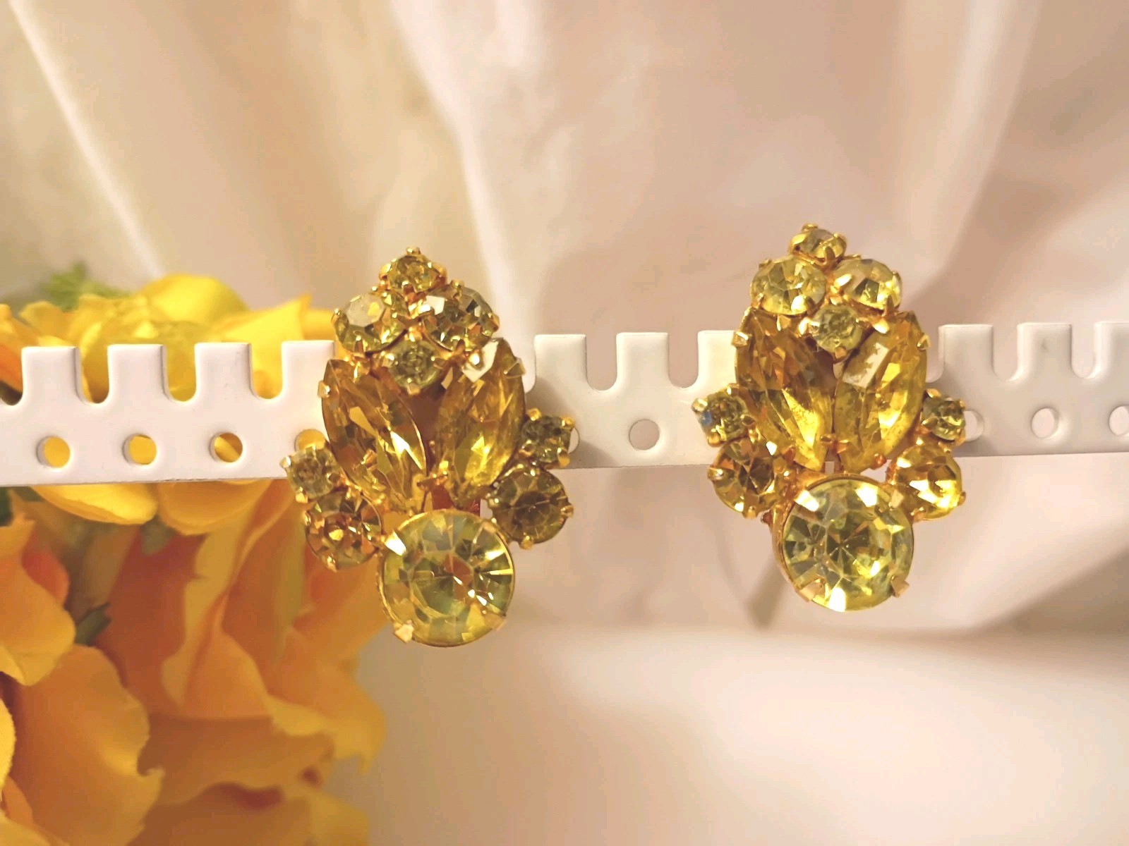 La Roco Rhinestone Vintage Clip Earrings Yellow w Gold Filled Metal