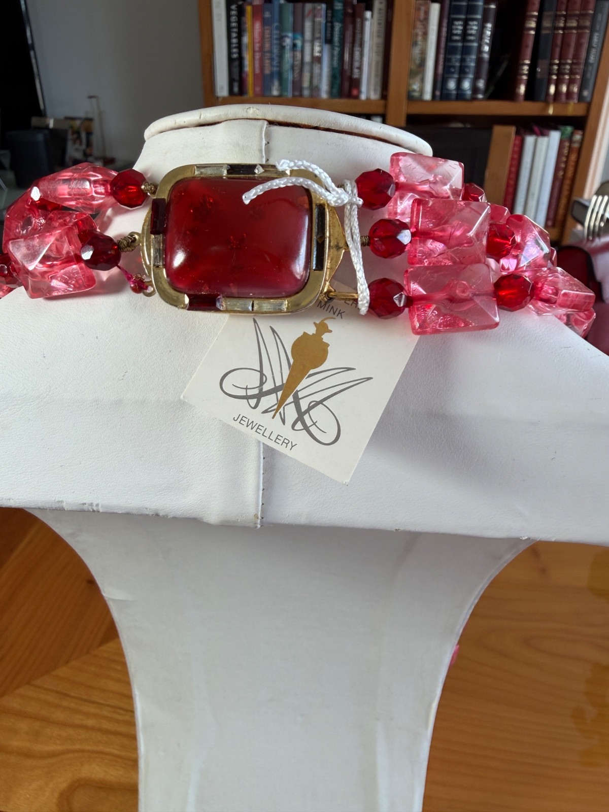 Vintage Pink & Ruby Red Lucite Acrylic Necklace 16” triple Strand statement