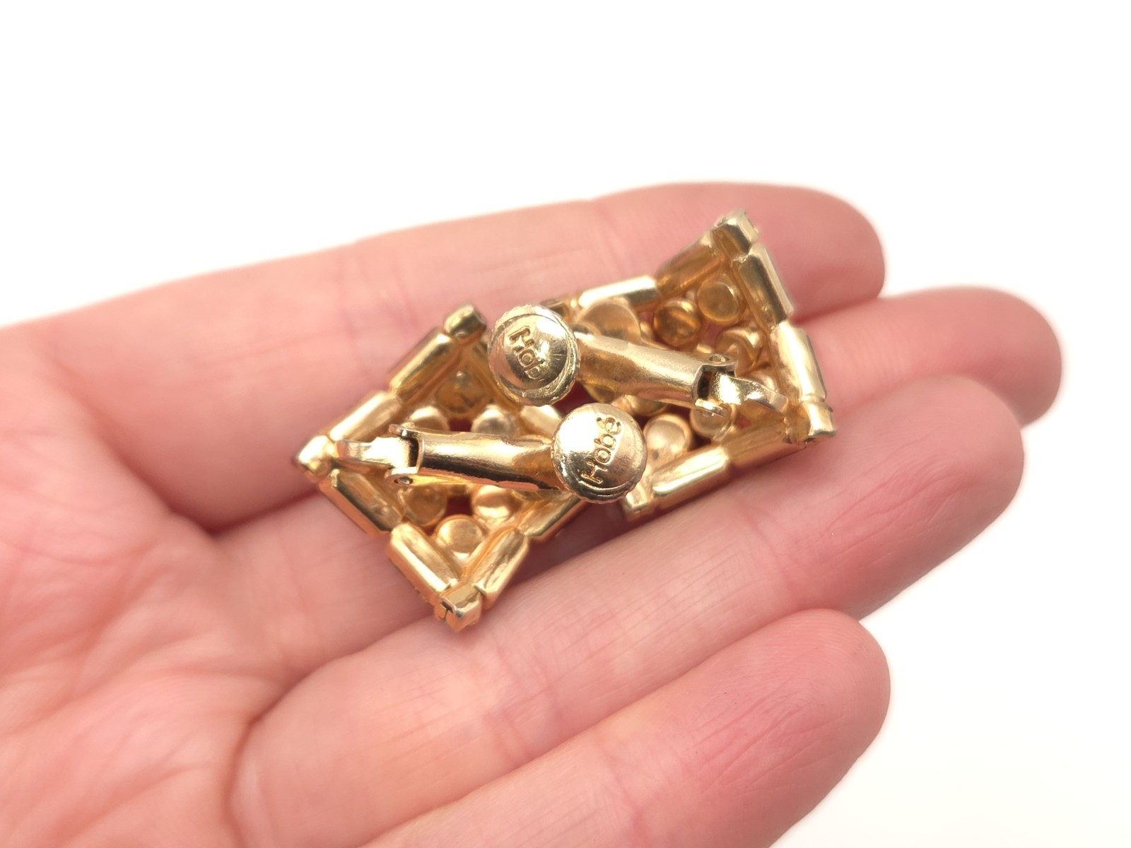 Vintage Hobe Signed Gold Tone Brown Rhinestone Adjustable Clip On Earrings