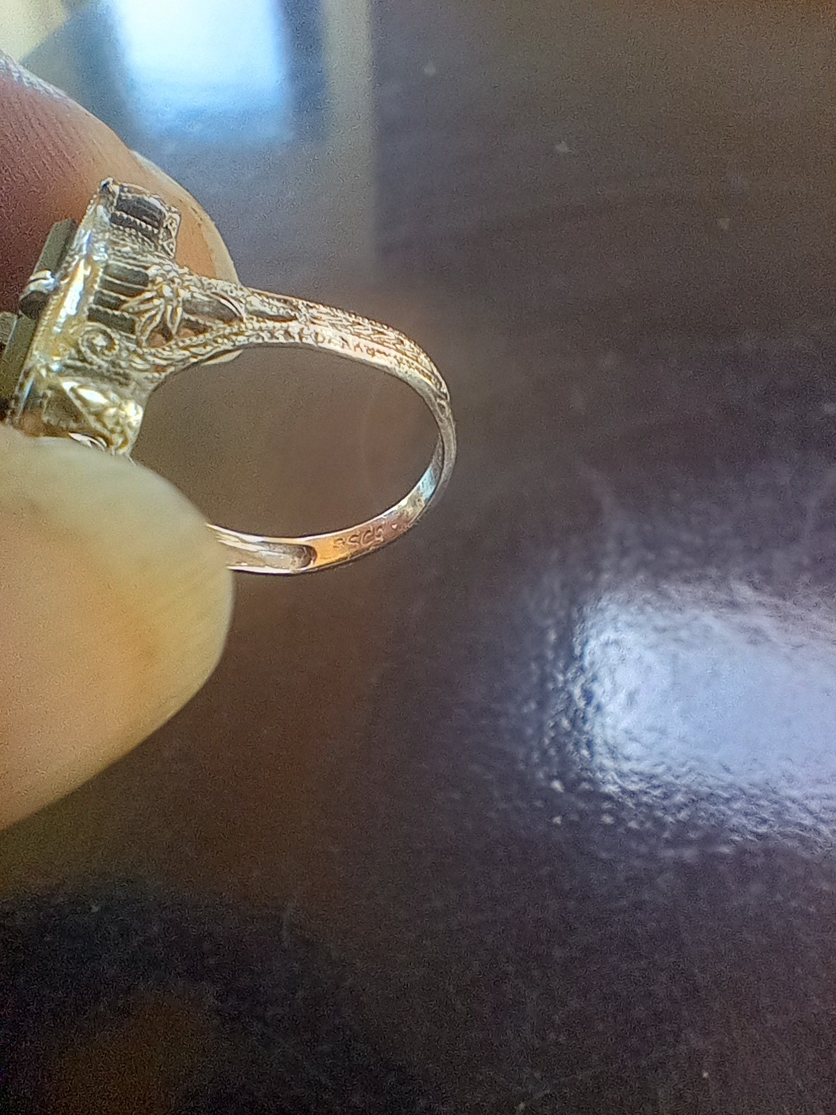 Antique Victorian style 14K White Gold Diamond Onyx Ring 3.59g, Size 4, c 1910