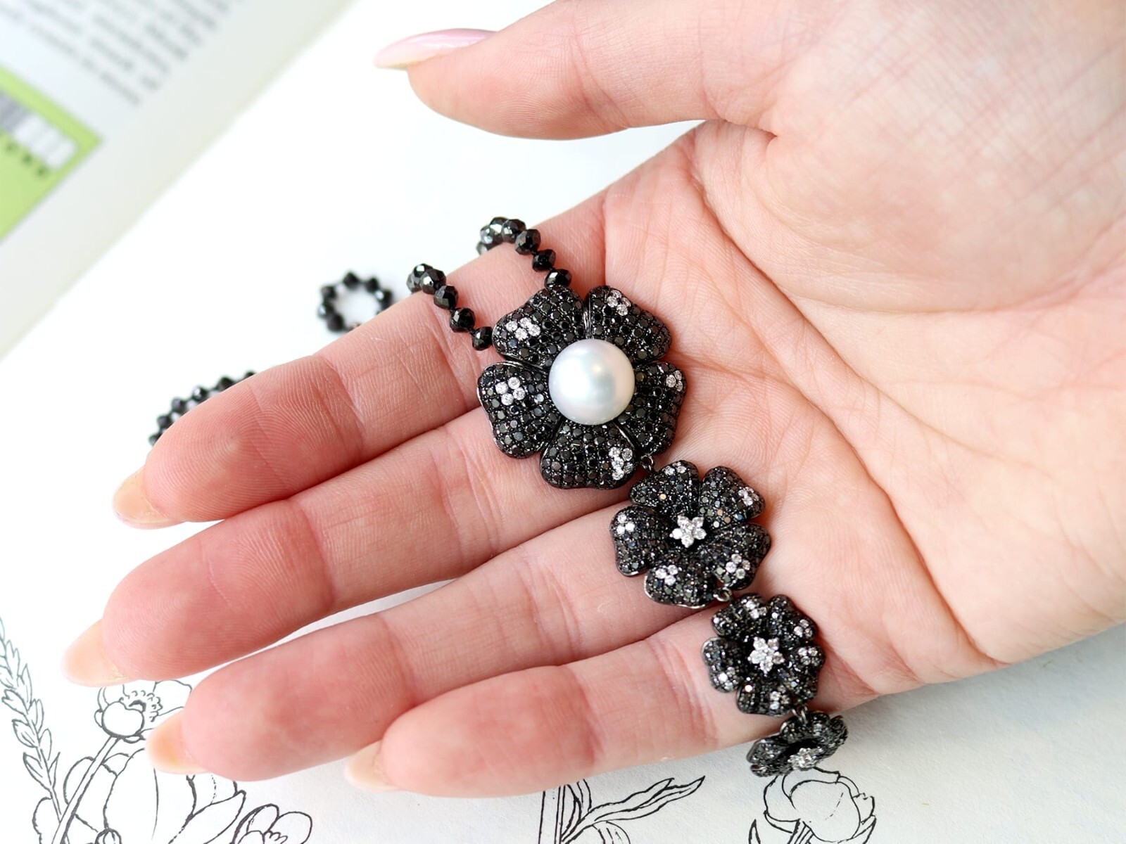 Cultured Pearl, Black Diamond, White Diamond, 18k Oxidised White Gold Pendant