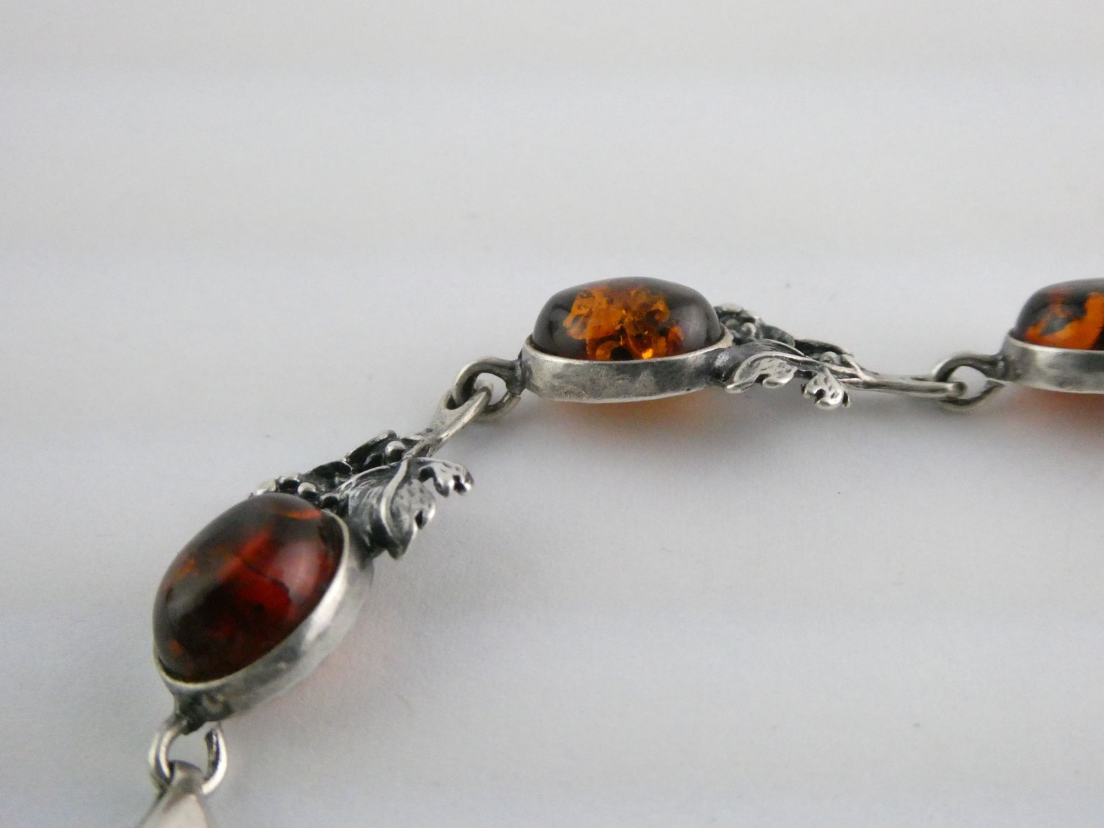 Vintage Sterling Silver Amber Cabochon Grape Vine Link Bracelet 925 7.25In 10.6g