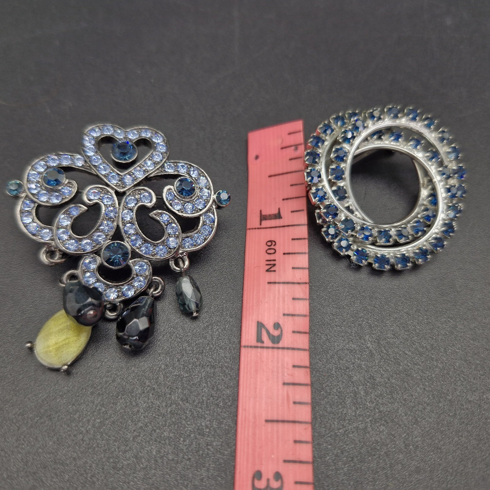 2 Vintage Silver Tone Sapphire Glass Rhinestone Brooches Deco Inspired 1.5-2″