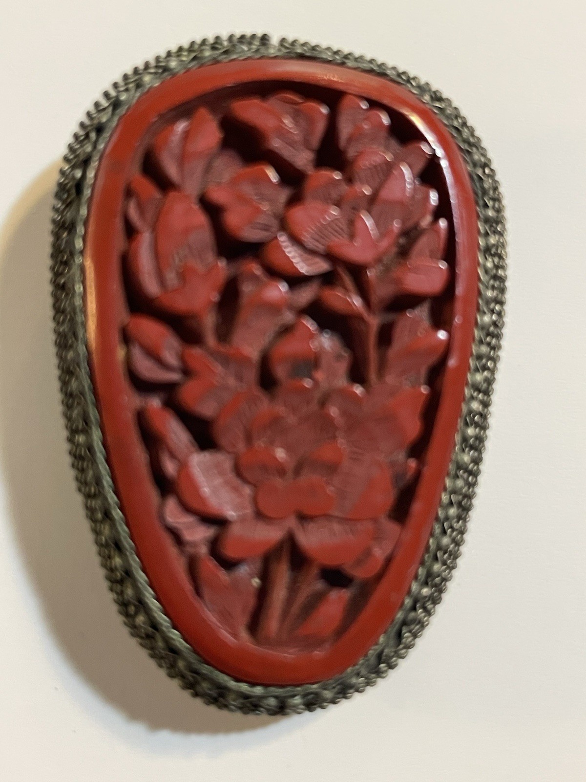 Vintage Hand Carved Red Coral & Brass Scarf/Dress Clip, About 1 3/4”