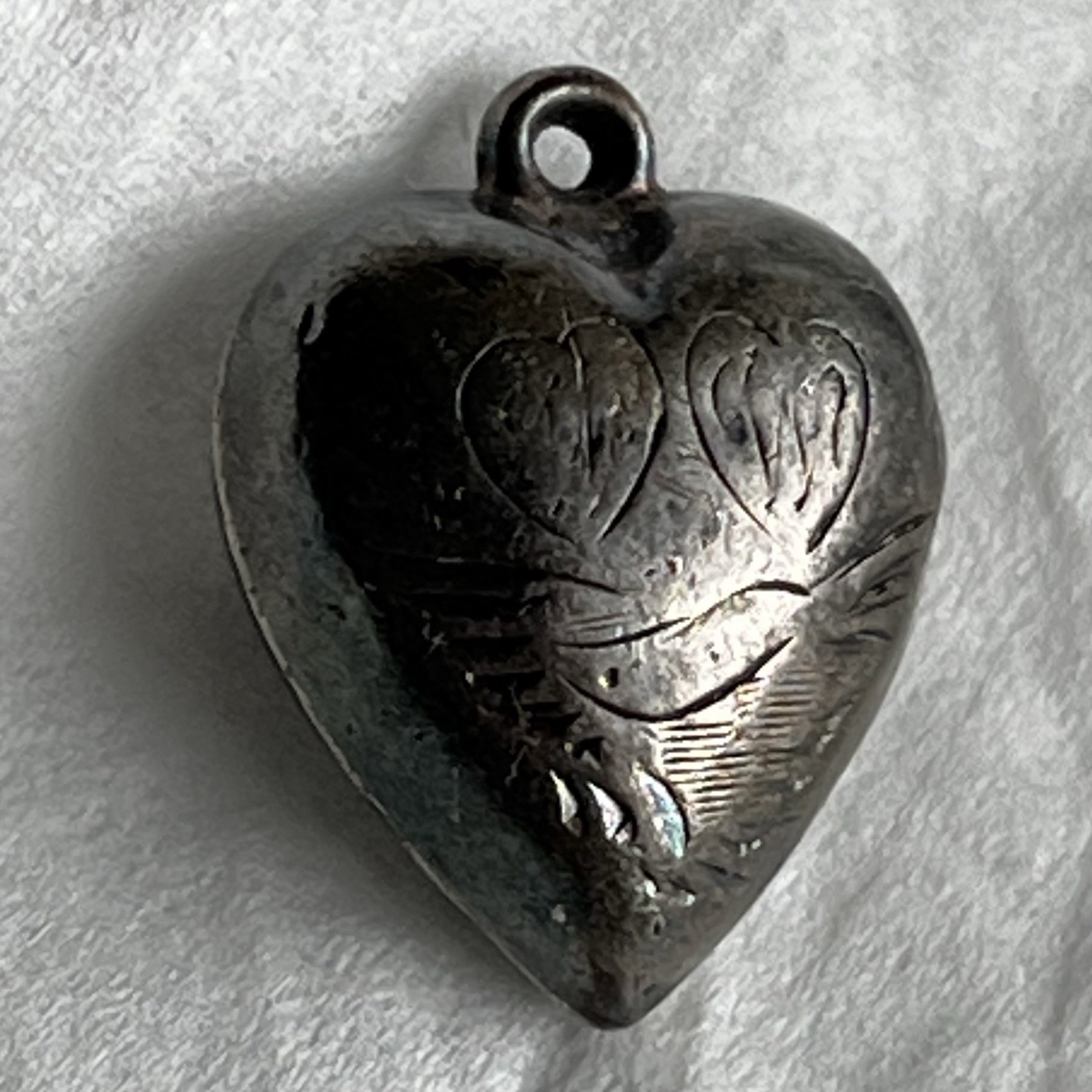 Vintage Heart-Shaped .925 Silver Puff Etched Pendant Charm Whimsical Love