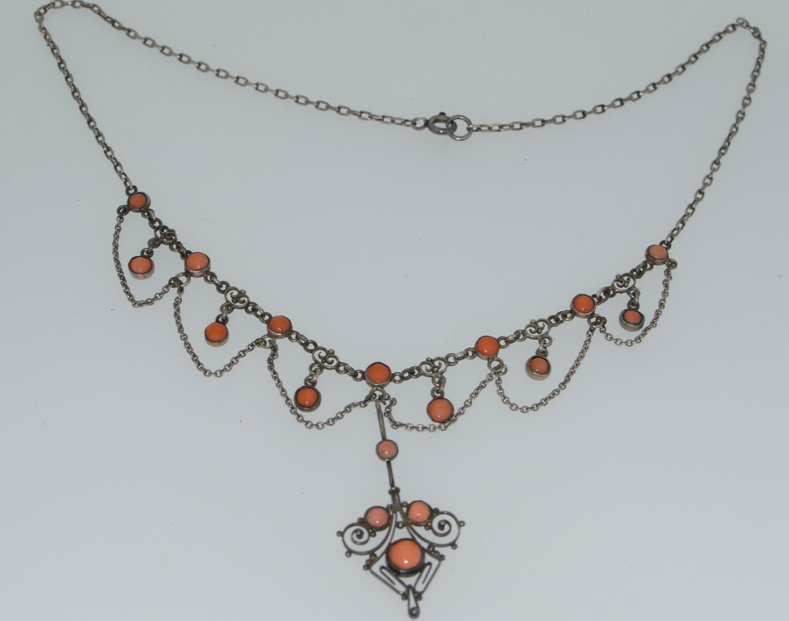 Victorian Sterling silver & Coral Swag Cannetille Necklace