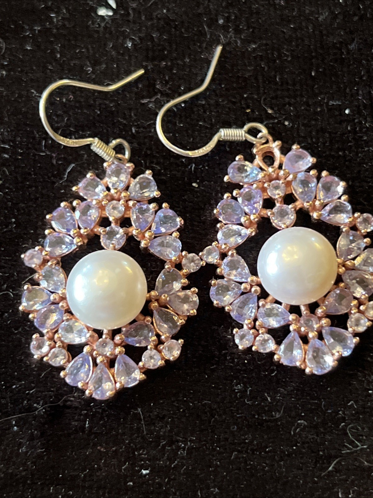 Vintage Tanzanite Real Pearl Dangle Drop Earrings 925 Wire Pierced 1.75” Classic