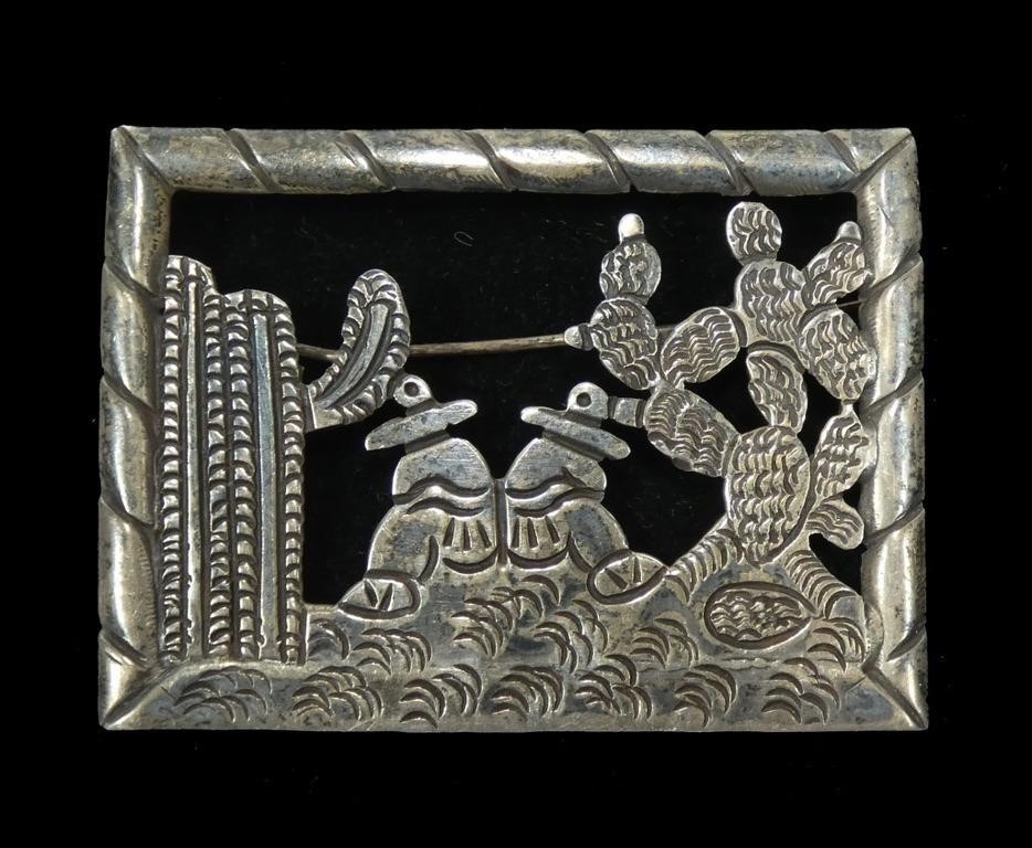 Mexican 980 Silver Brooch 2in Siesta Men Cactus Scene Handmade 17.1g Fine VTG