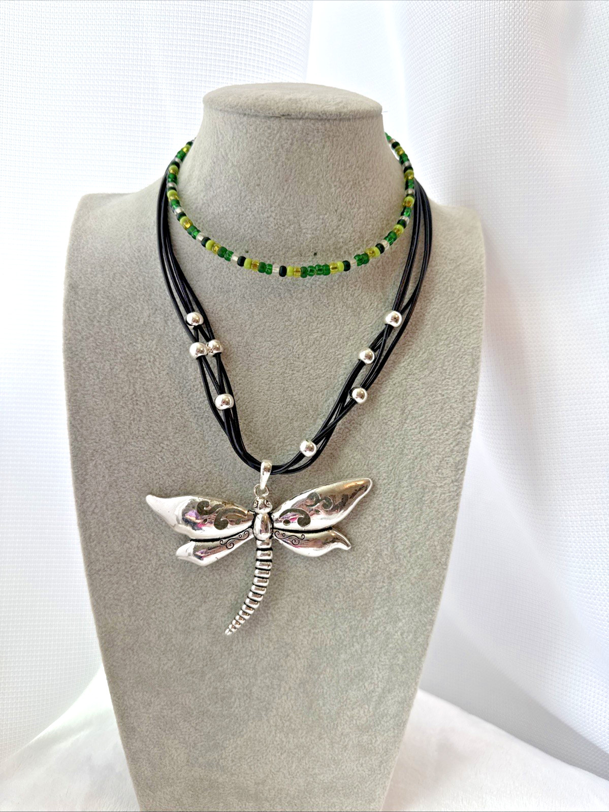 2 Necklaces LOT Girly dragonfly Y2K 1990s 2000s Silver green Jewelry costume