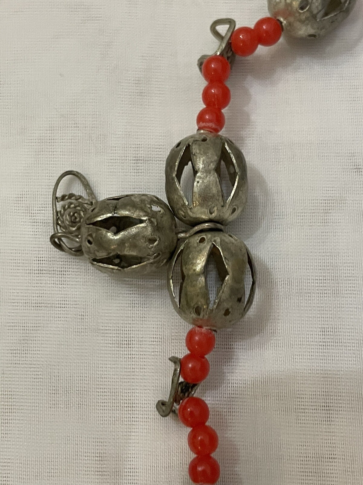 Vintage Guatemalan 26” Silver Coin Chachal Necklace With Red Glass Trade Beads