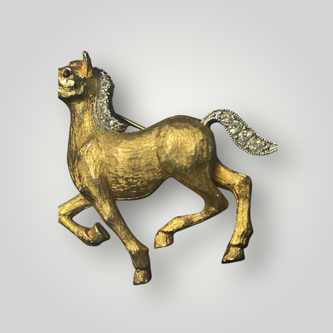 Vintage JJ Jonette Running Horse Brooch Gold Tone Rhinestone Mane Tail Pin
