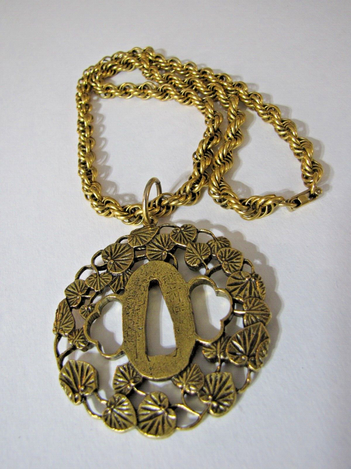 Vintage Alva Museum Replica Hollyhock Tsuba Pendant 30″ Rope Chain Signed Huge