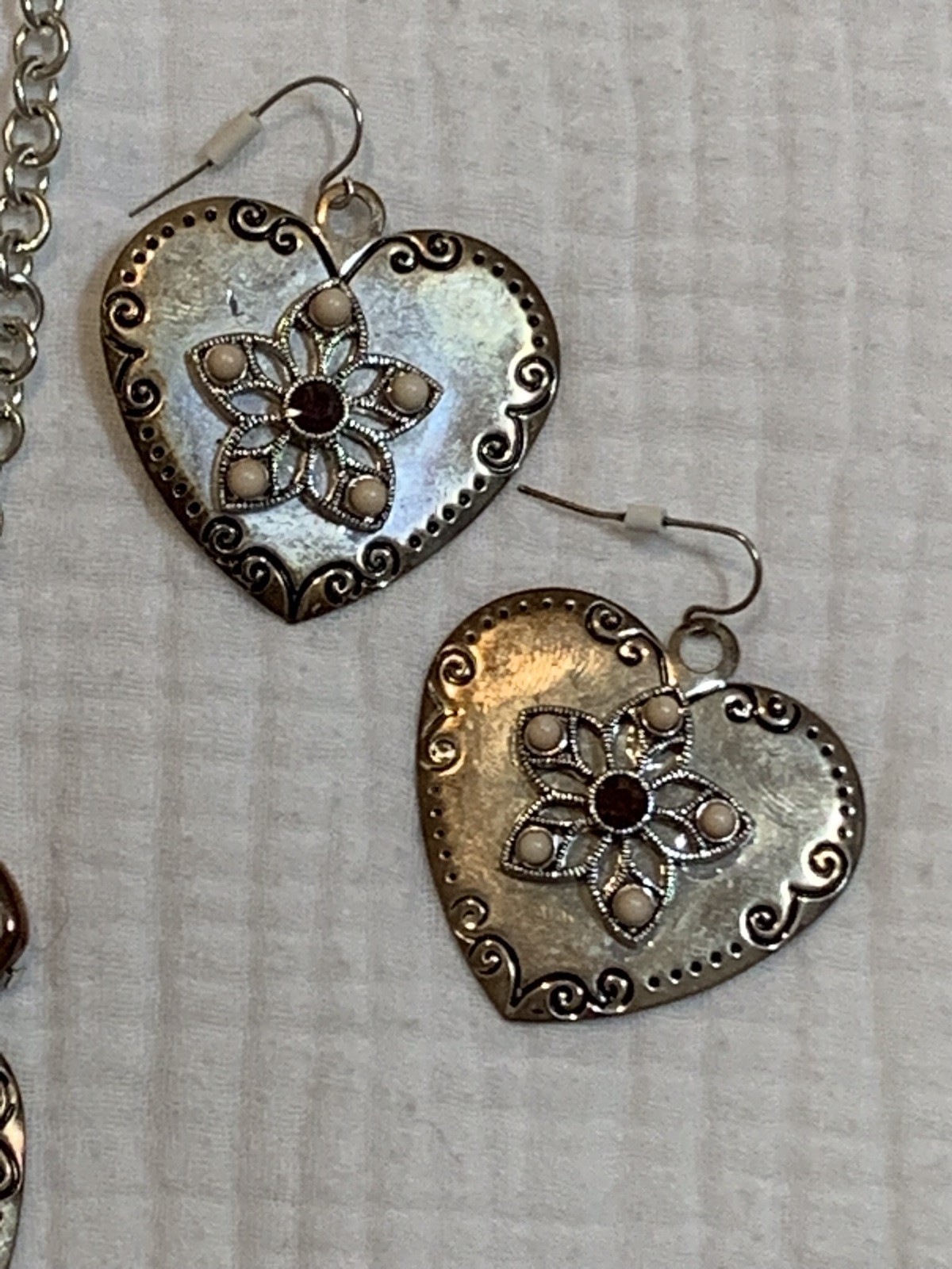 Vintage Silver Charm Necklace Earrings Set Hearts Flowers Beads Boho Cottagecore