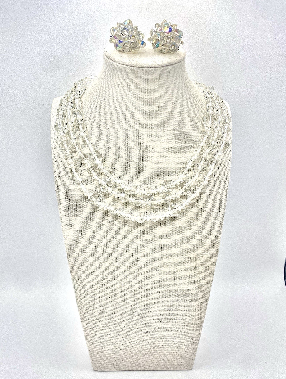 Vintage Long Faceted Crystal Like Rhinestone Beads Necklace AB Clip Ons Earrings