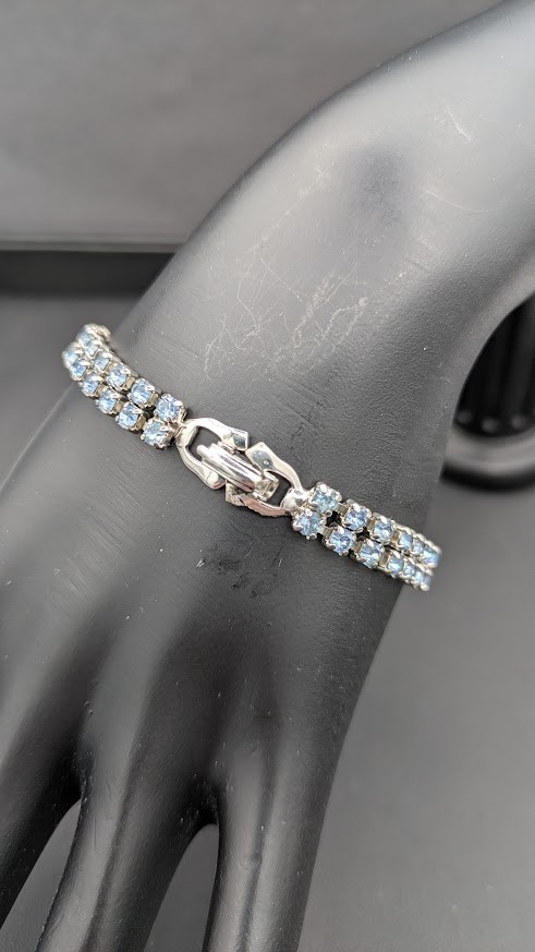 Vintage Rhinestone Bracelet Earrings Set Blue Crystal Silver Tone