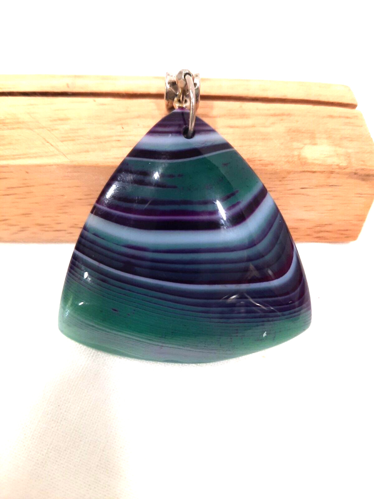 Artisan Stone Agate Striped Pendant Purple Green White on Silvertone slide 2″x2″