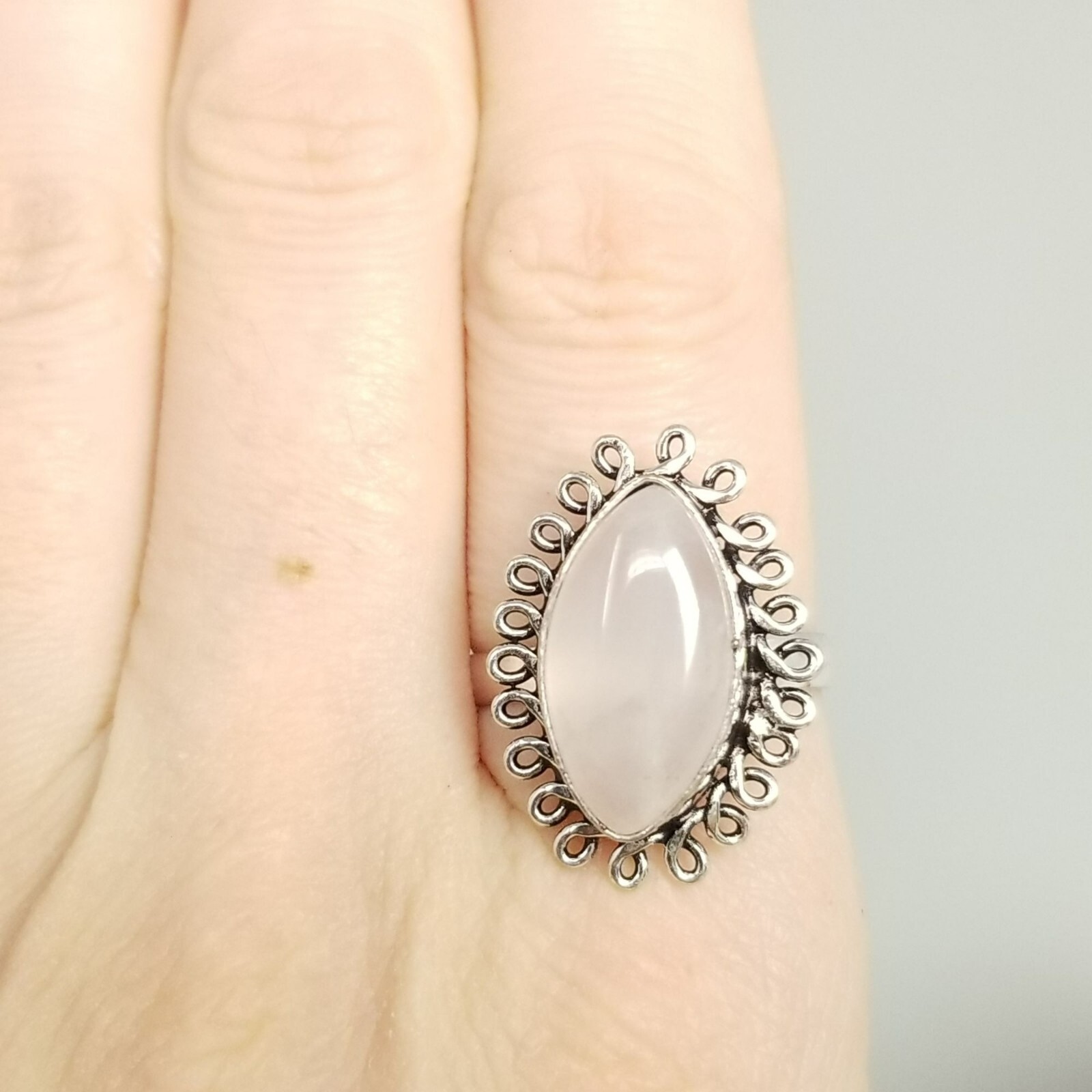 Vintage Marquise Shape Cabochon Ring, Very Light Pink, Size 7.5 Silver Tone Band