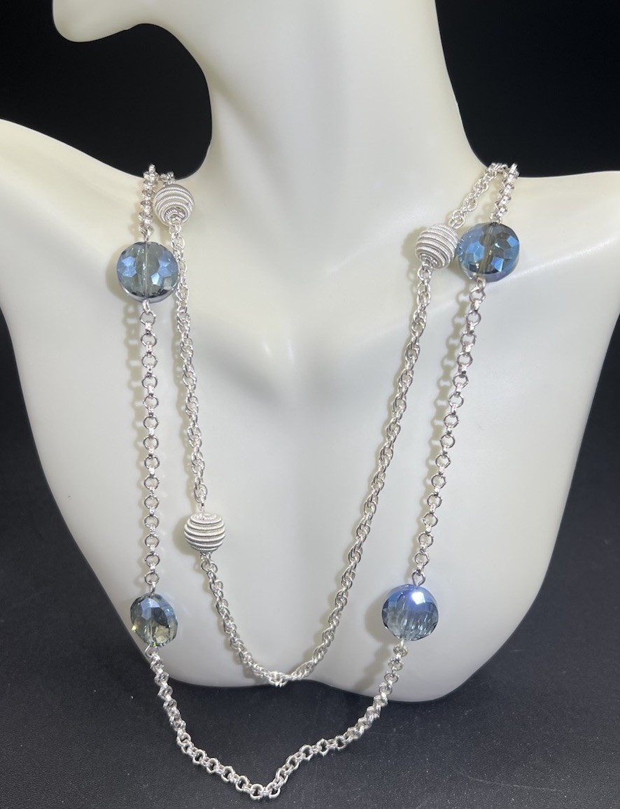 Vintage Monet, Silver Tone, Blue Aurora Borealis, 2 Strand Statement Necklace